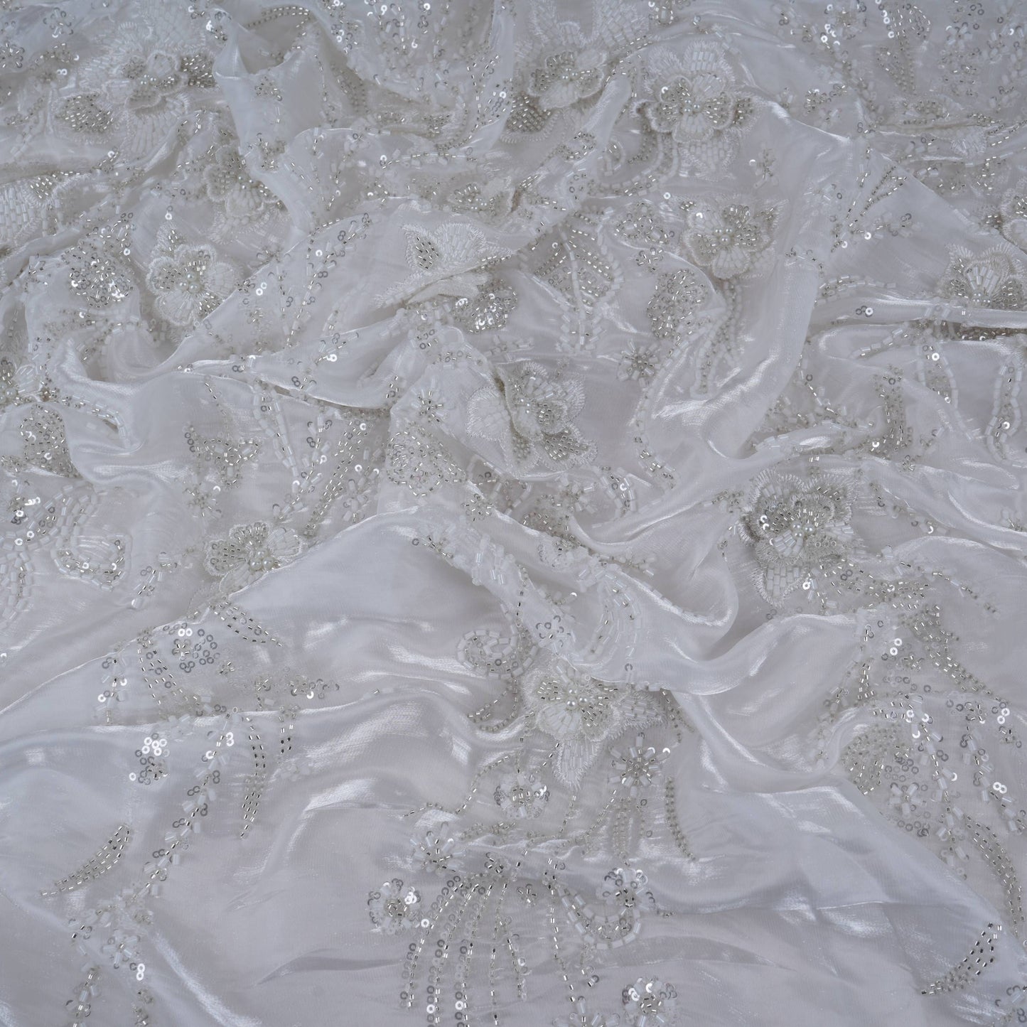 White 3D Floral Cutdana Border Organza Fabric LF-33010