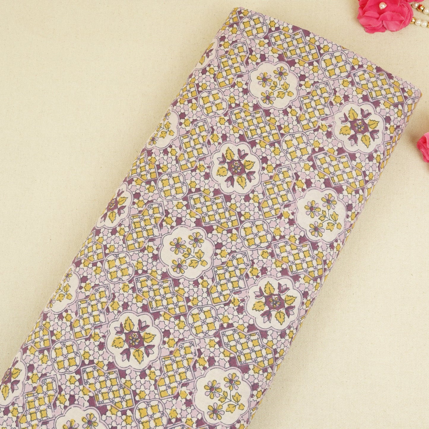 Purple & Yellow Mosaic Floral Print Cotton Fabric PB-29742