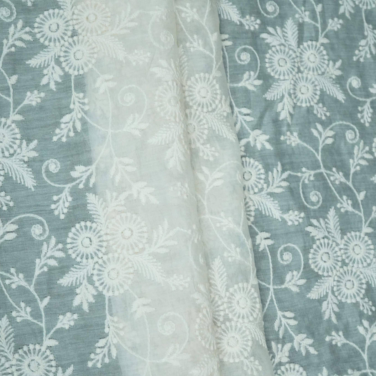 Off White thread embroidery Pure Cotton Chanderi Fabric VI-31000 - TradeUNO