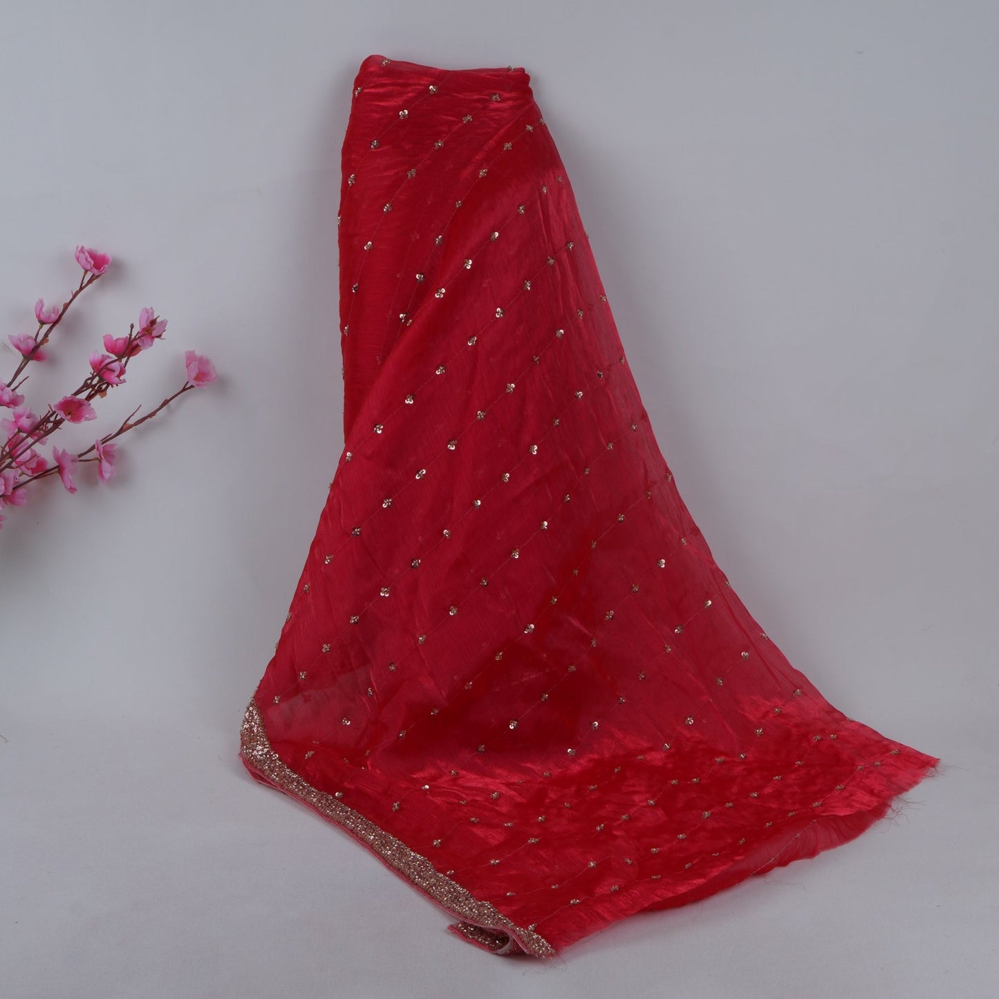 Red Buti Cutdana Sequins Embroidery Organza Fabric LF-32981