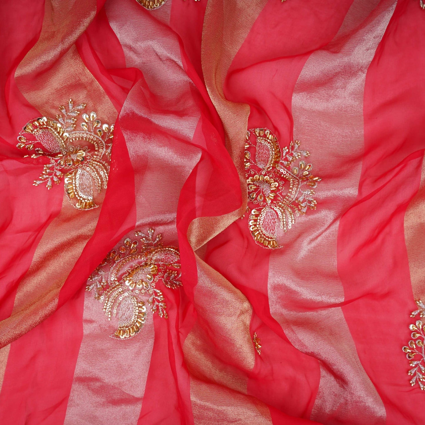 Red Stripes cutdana embroidery Tissue Fabric VFS-31697