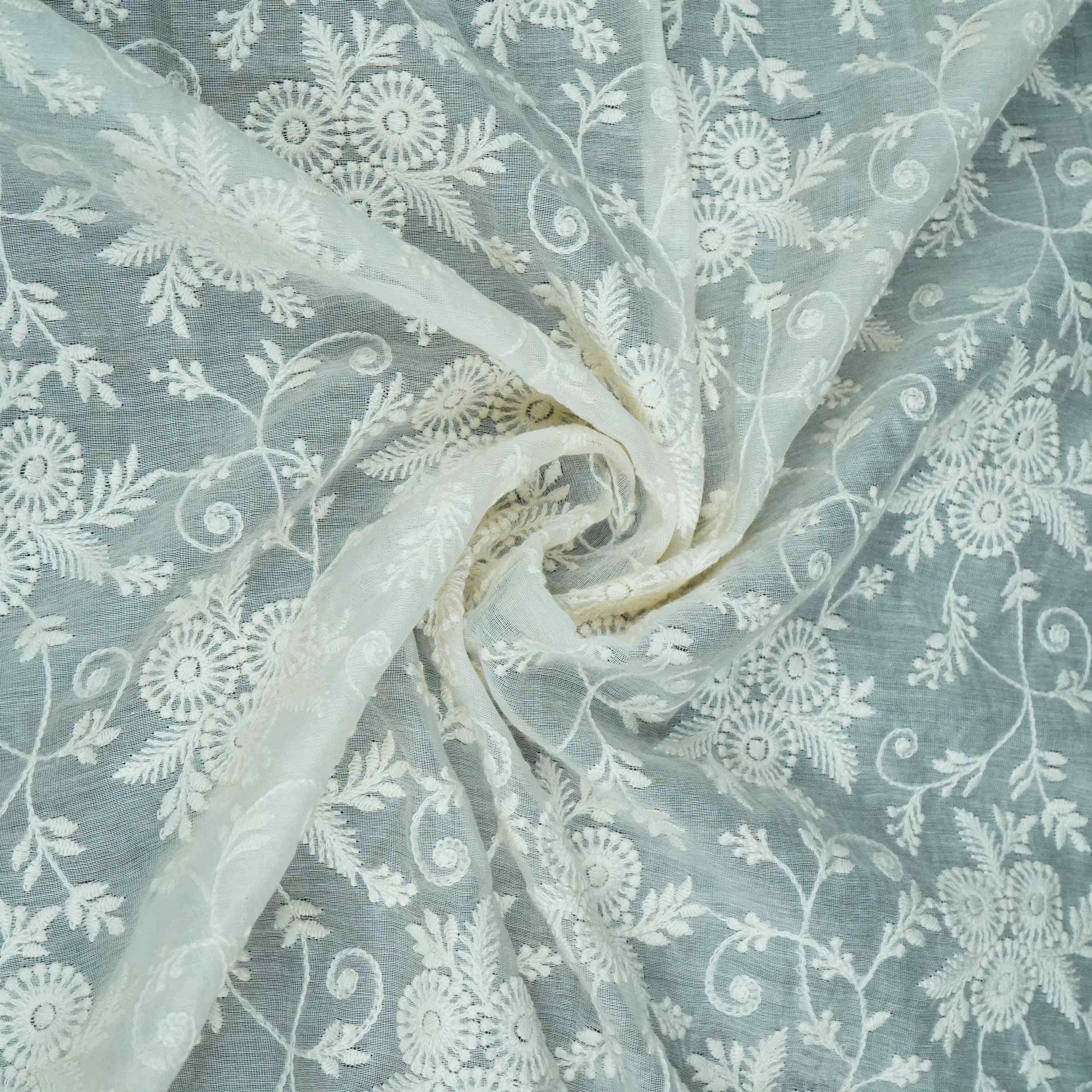 Off White thread embroidery Pure Cotton Chanderi Fabric VI-31000 - TradeUNO
