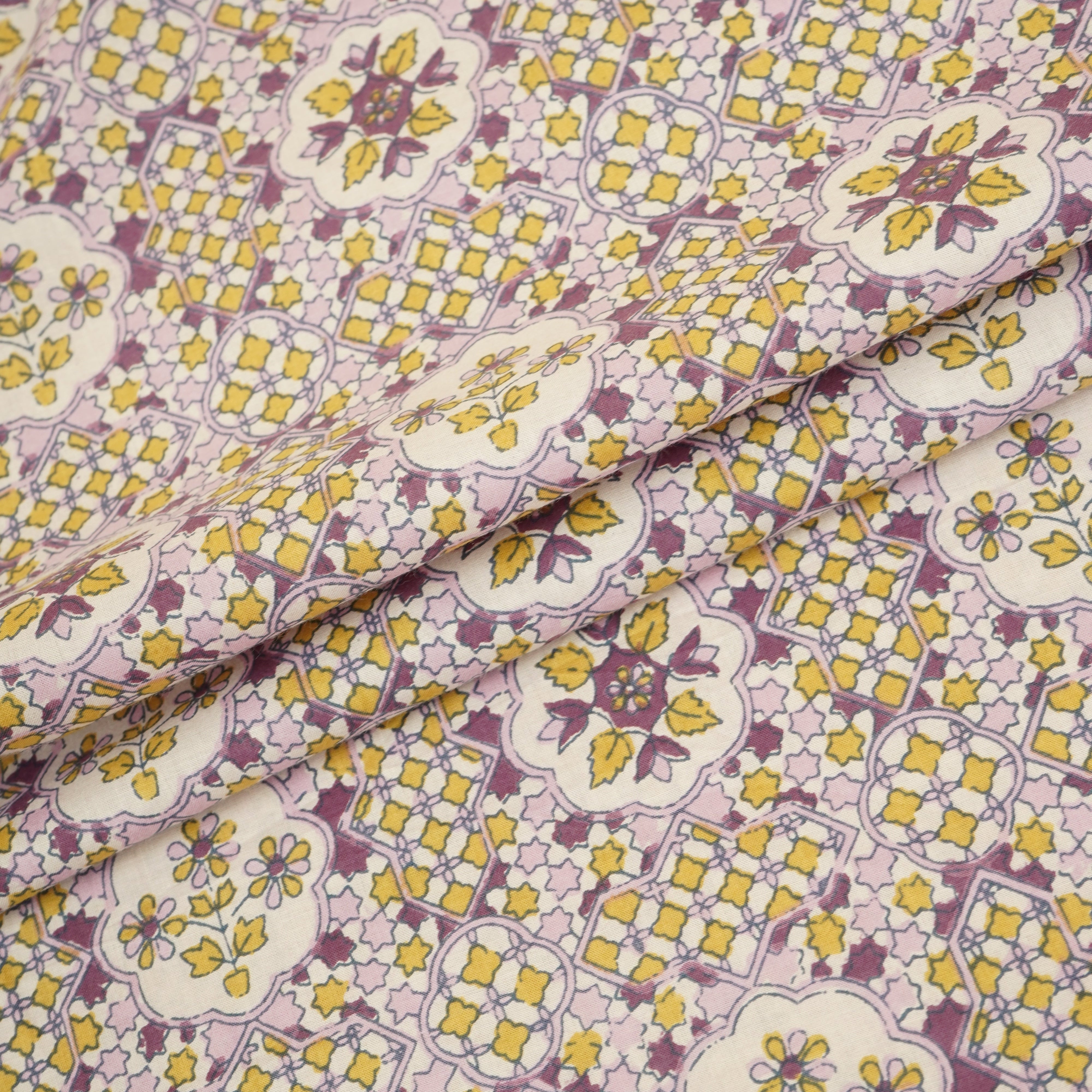 Purple & Yellow Mosaic Floral Print Cotton Fabric PB-29742 - TradeUNO