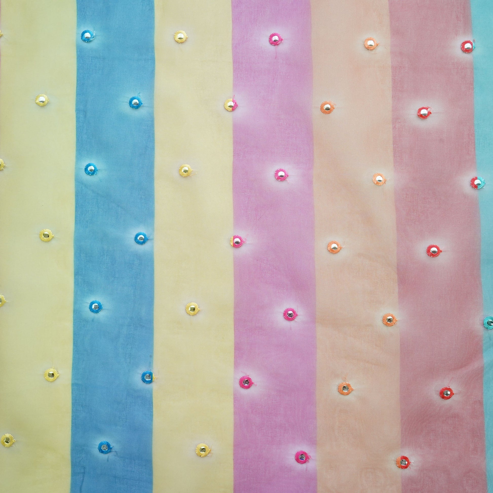Multicolor Stripes Print Mirror Embroidery Organza Fabric