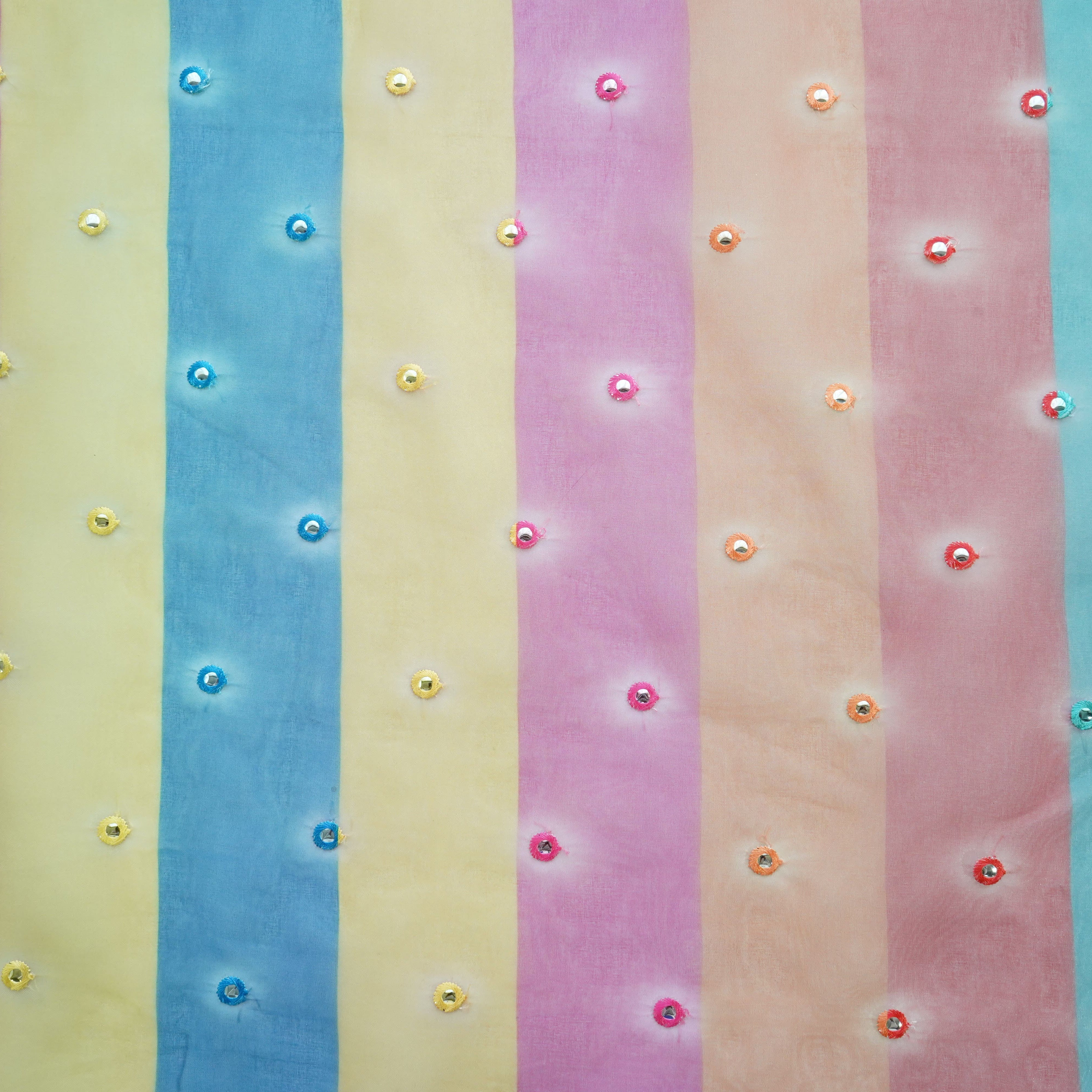 Multicolor Stripes Print Mirror Embroidery Organza Fabric