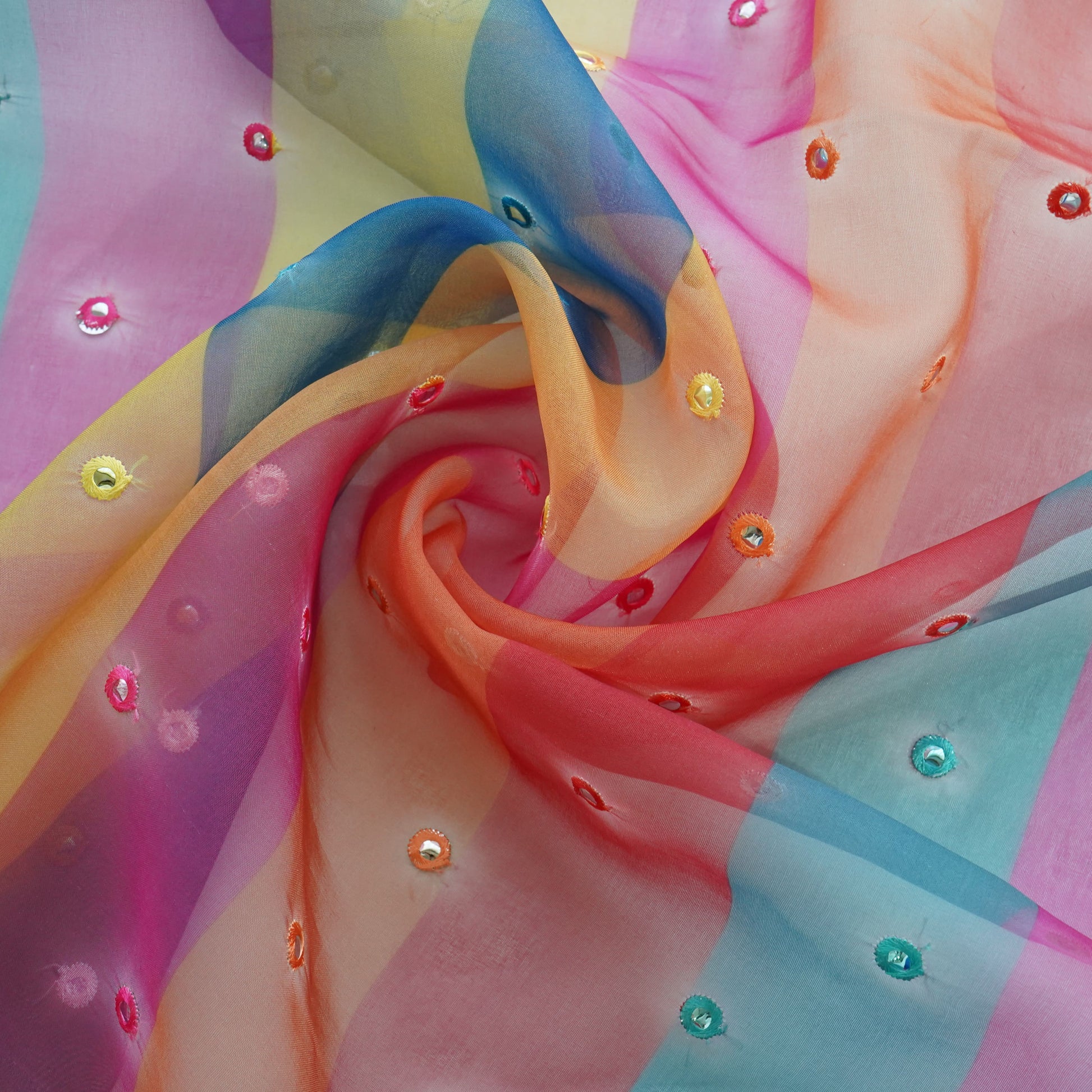 Multicolor Stripes Print Mirror Embroidery Organza Fabric