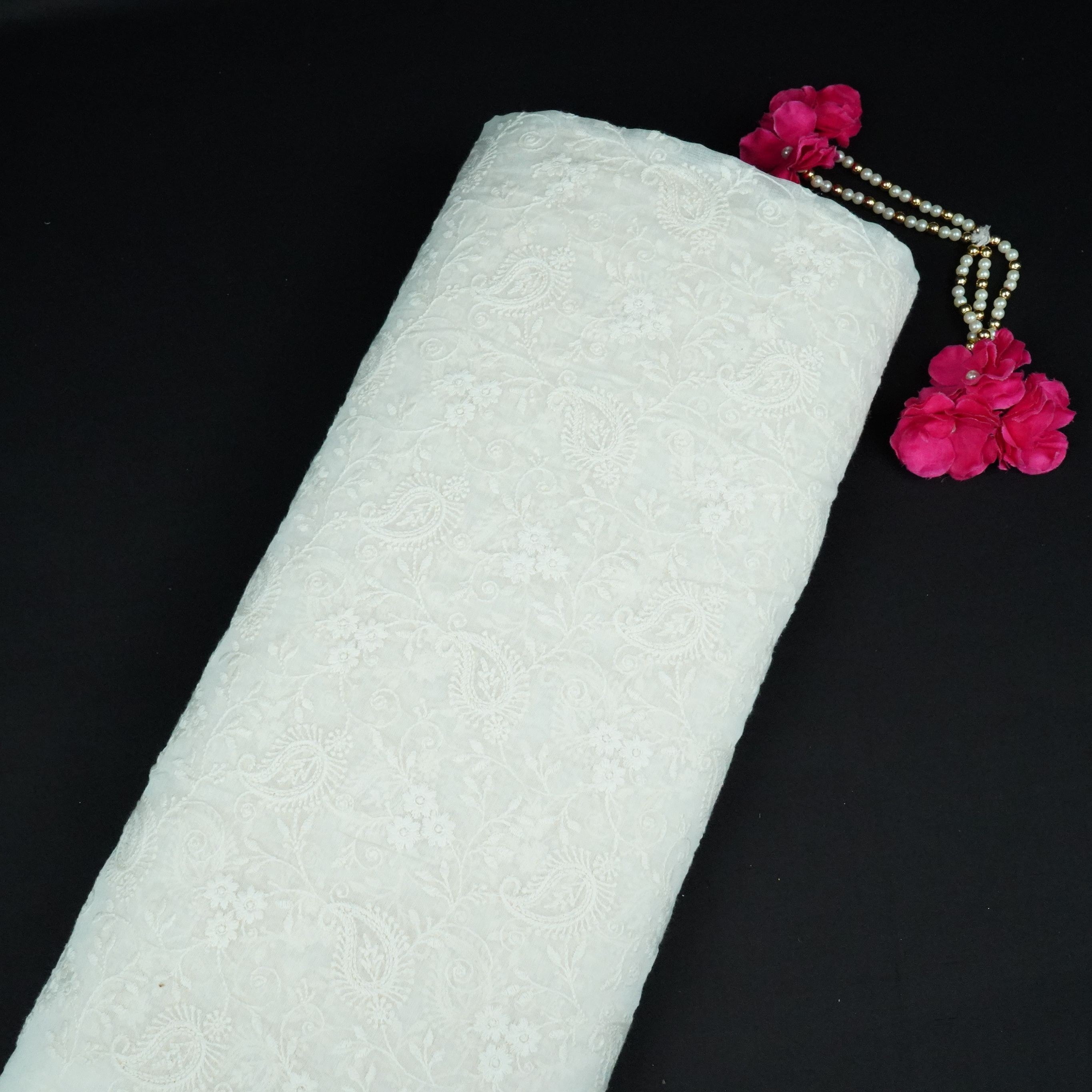 Off White thread embroidery Pure Cotton Chanderi Fabric VI-31001 - TradeUNO