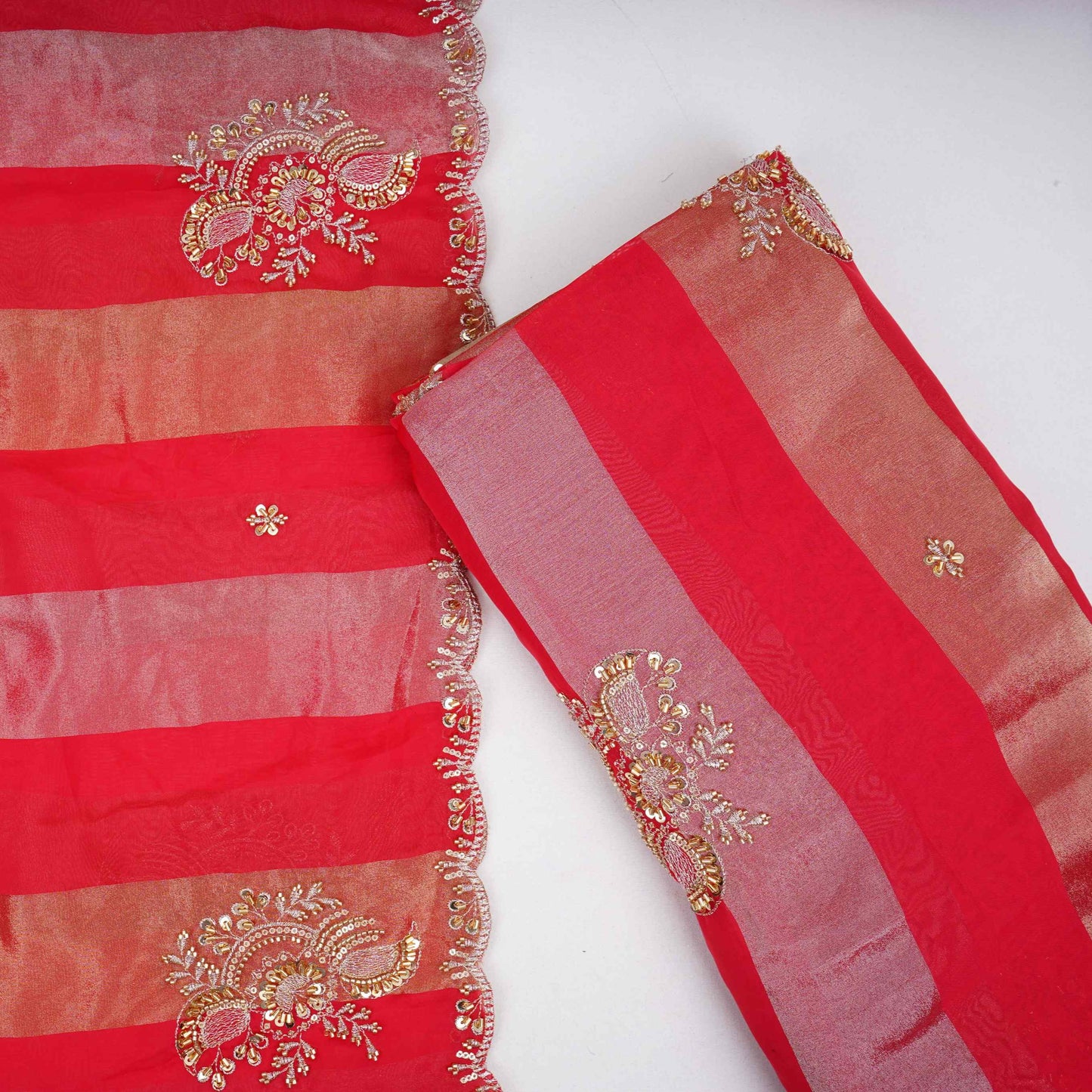 Red Stripes cutdana embroidery Tissue Fabric VFS-31697