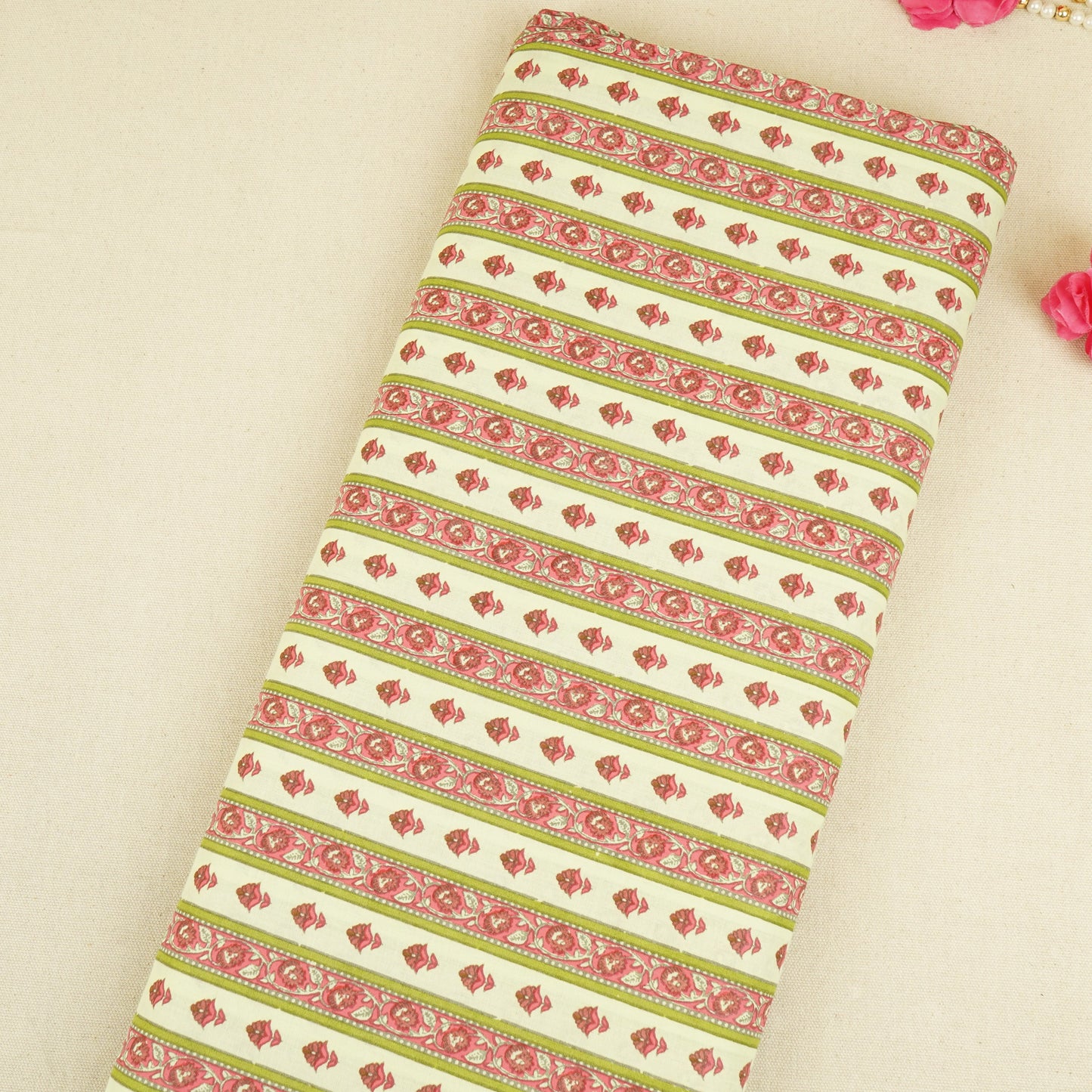 Light Mint Green & Pink Floral Stripes Print Cotton Fabric PB-29747