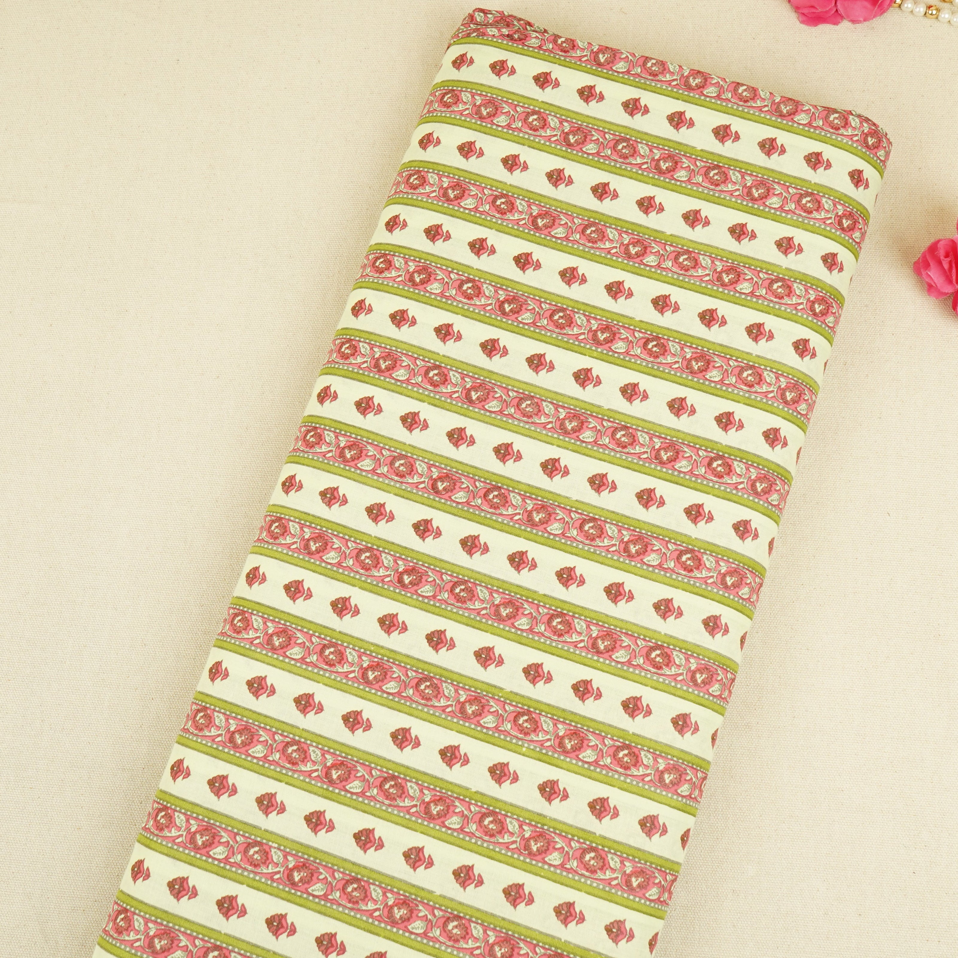 Light Mint Green & Pink Floral Stripes Print Cotton Fabric PB-29747 - TradeUNO