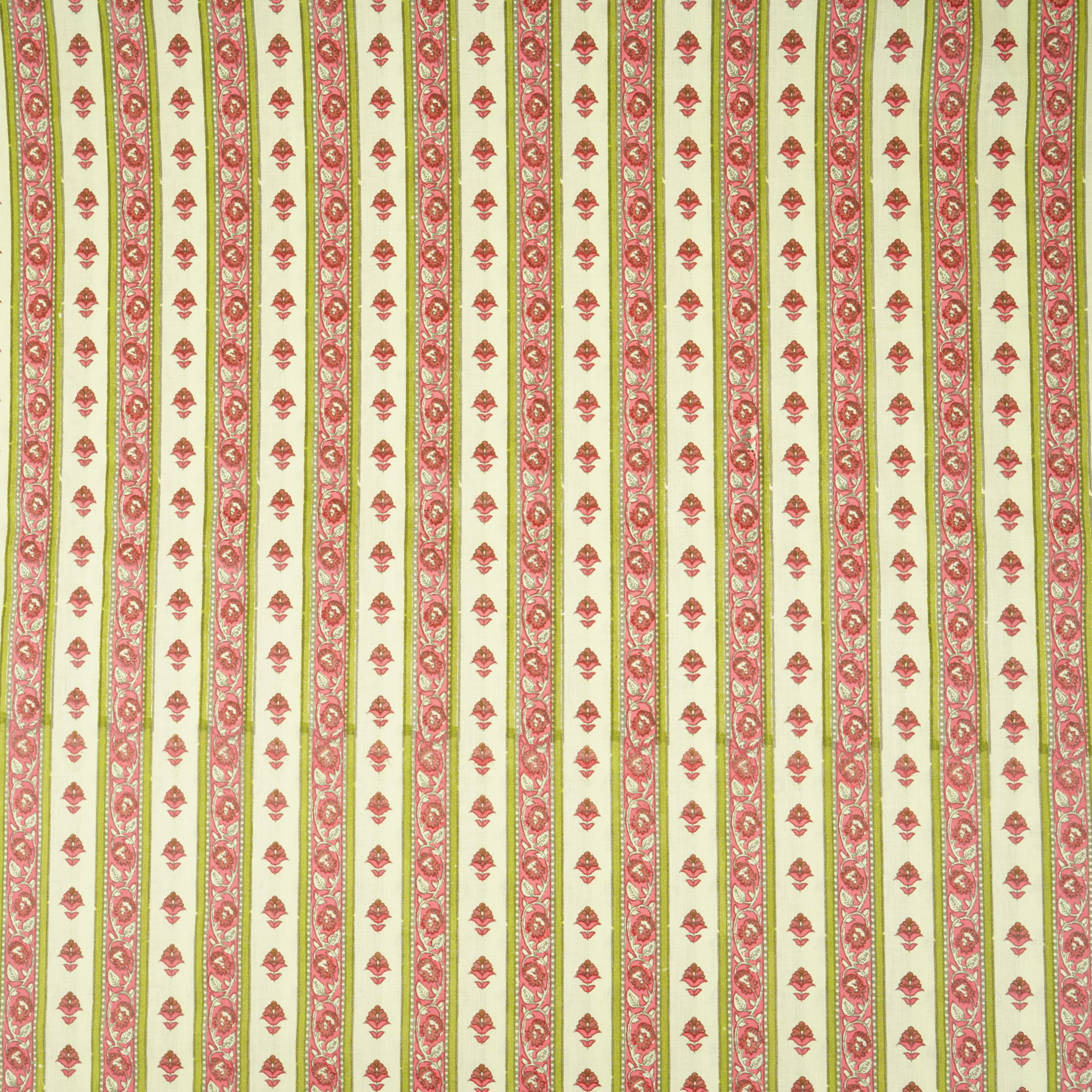 Light Mint Green & Pink Floral Stripes Print Cotton Fabric PB-29747 - TradeUNO