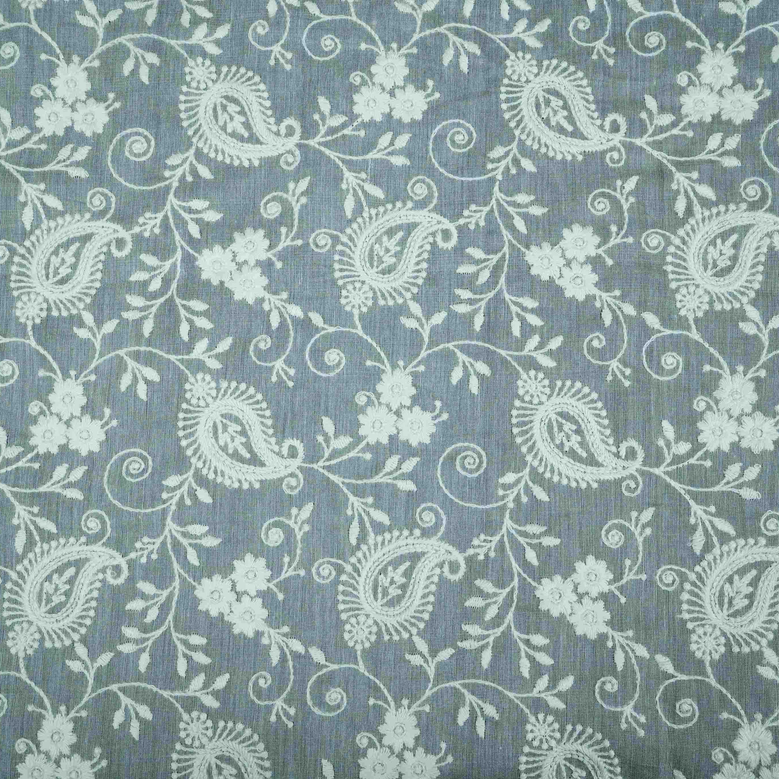 Off White thread embroidery Pure Cotton Chanderi Fabric VI-31001 - TradeUNO