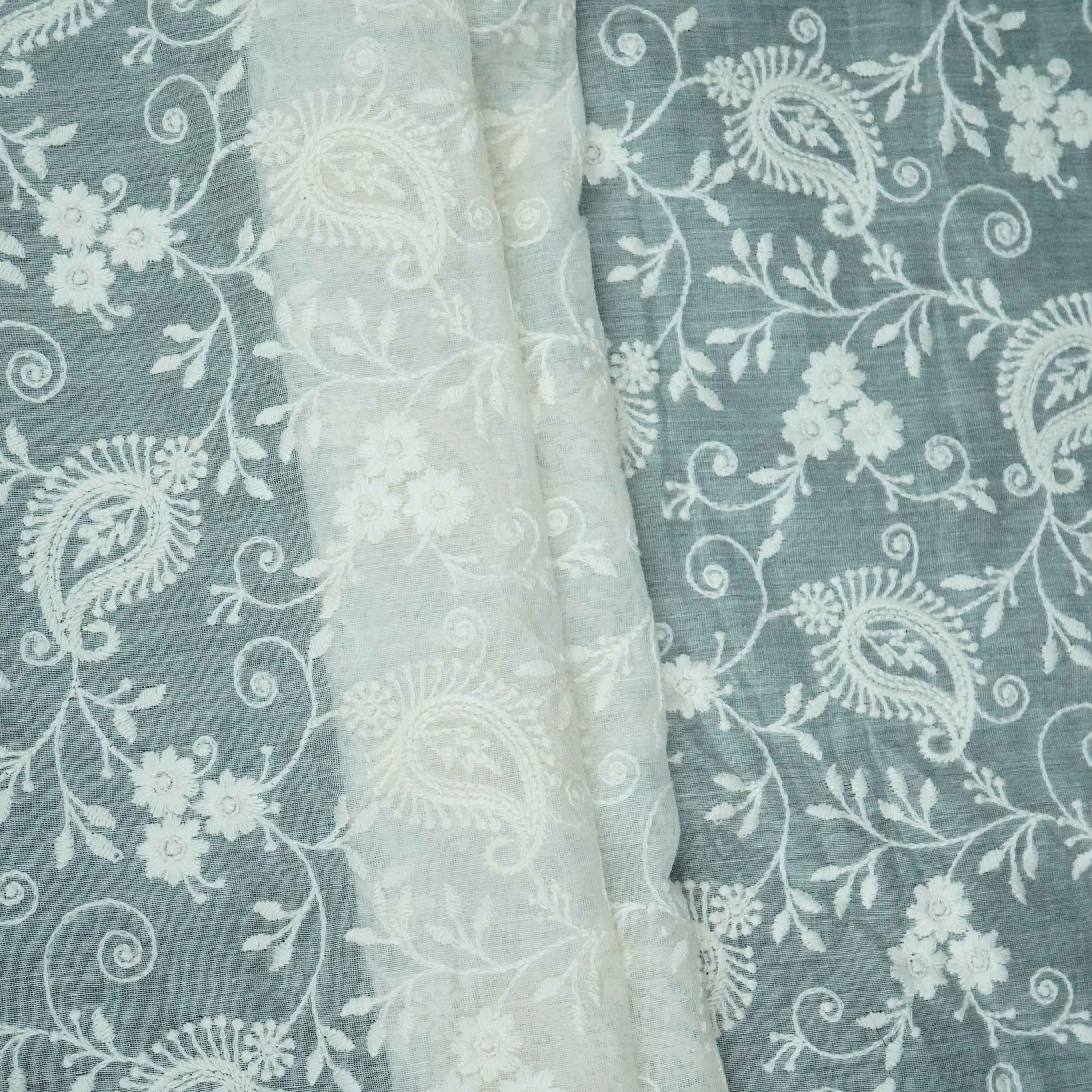 Off White thread embroidery Pure Cotton Chanderi Fabric VI-31001 - TradeUNO