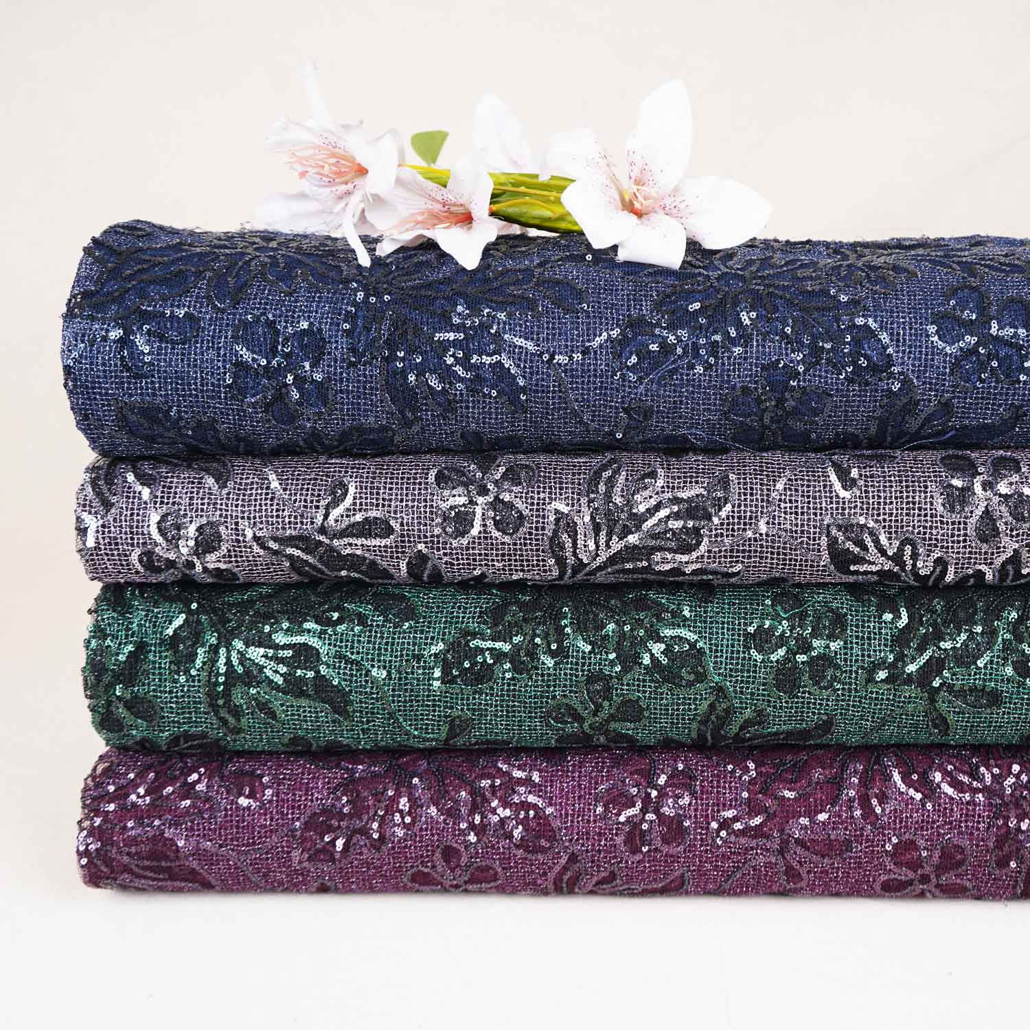 Classic Wine Floral Sequins Embroidery Net Fabric 14232 - TradeUNO
