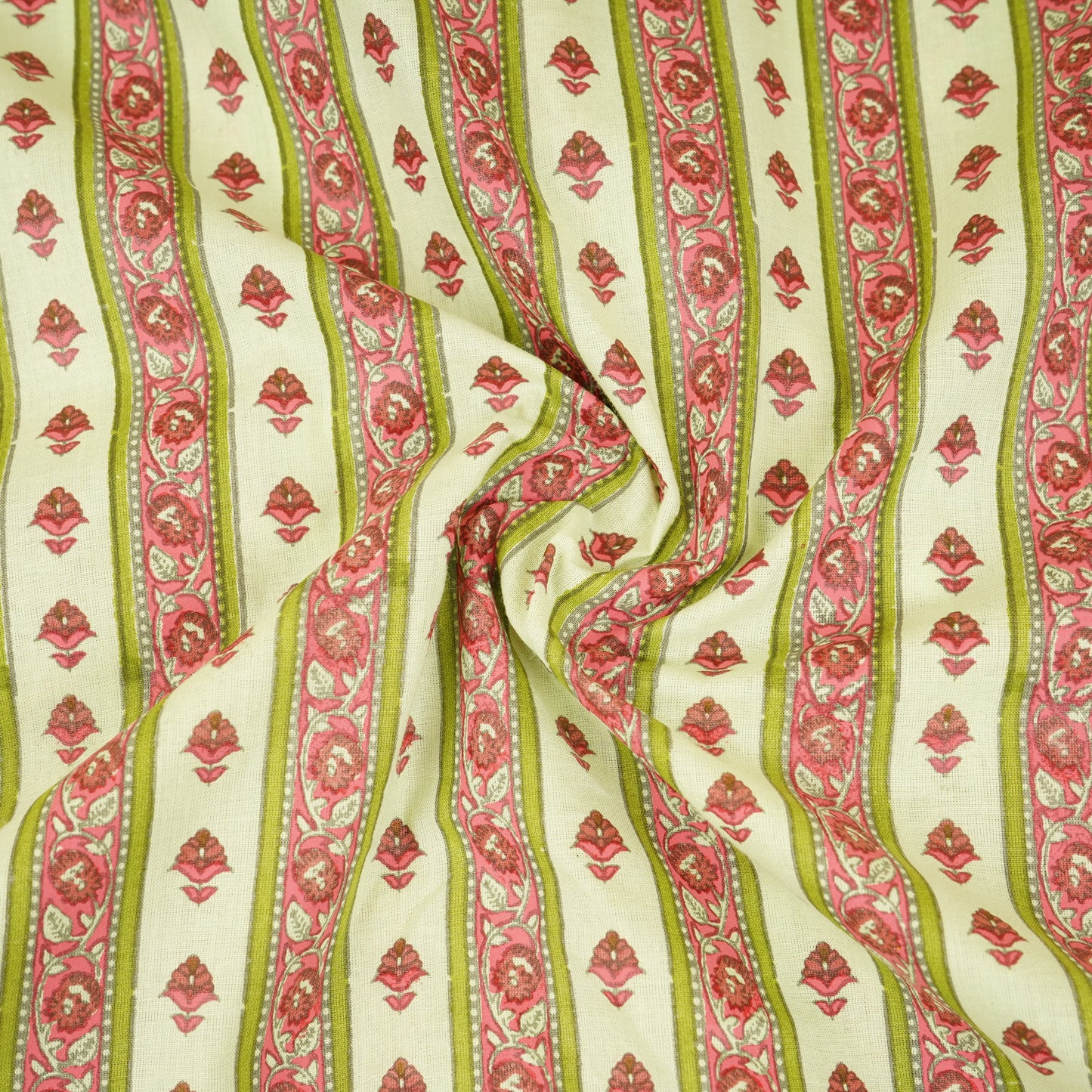 Light Mint Green & Pink Floral Stripes Print Cotton Fabric PB-29747