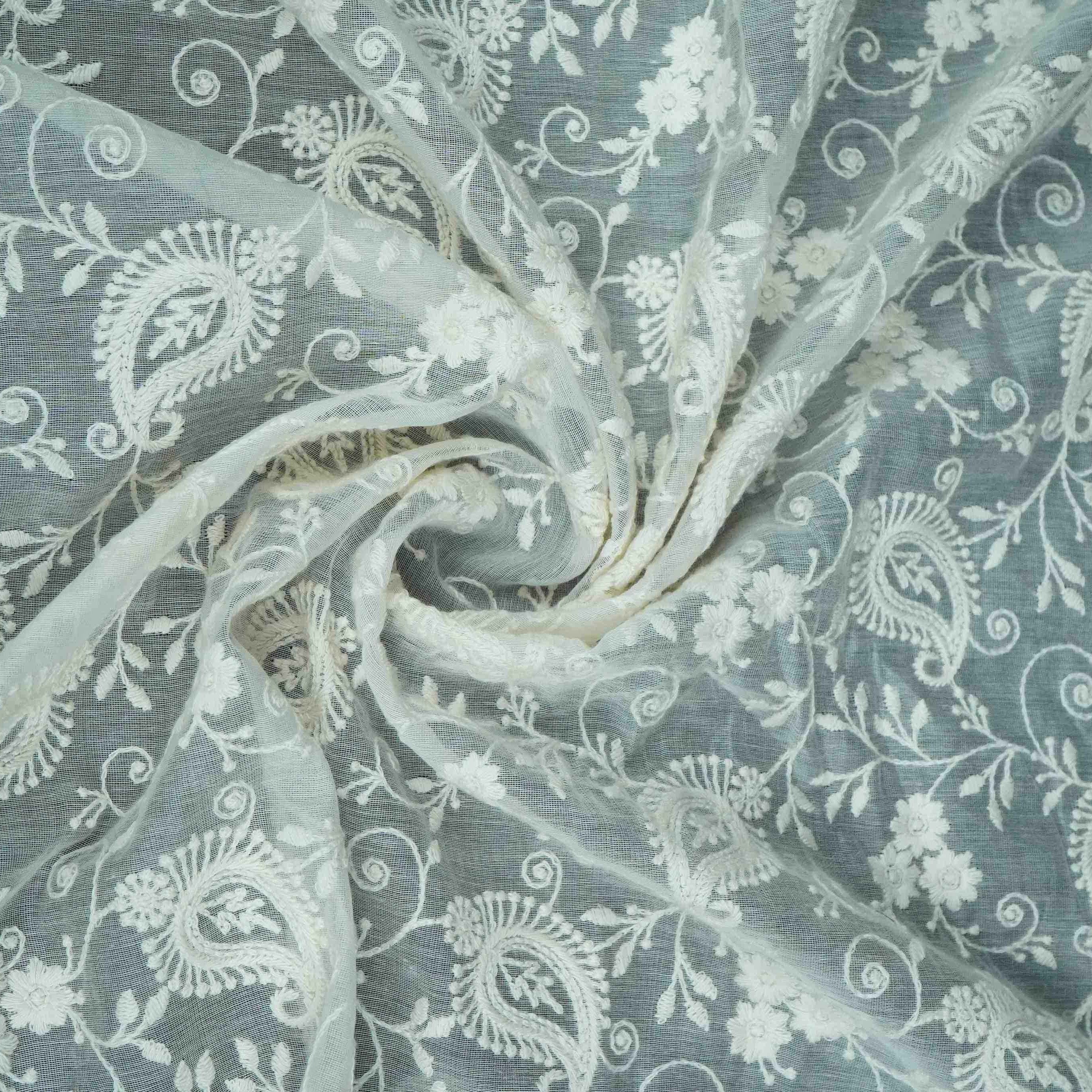 Off White thread embroidery Pure Cotton Chanderi Fabric VI-31001 - TradeUNO