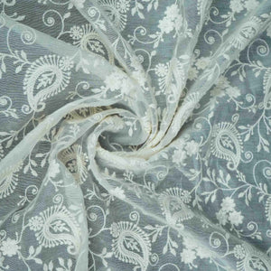 Off White thread embroidery Pure Cotton Chanderi Fabric VI-31001 - TradeUNO