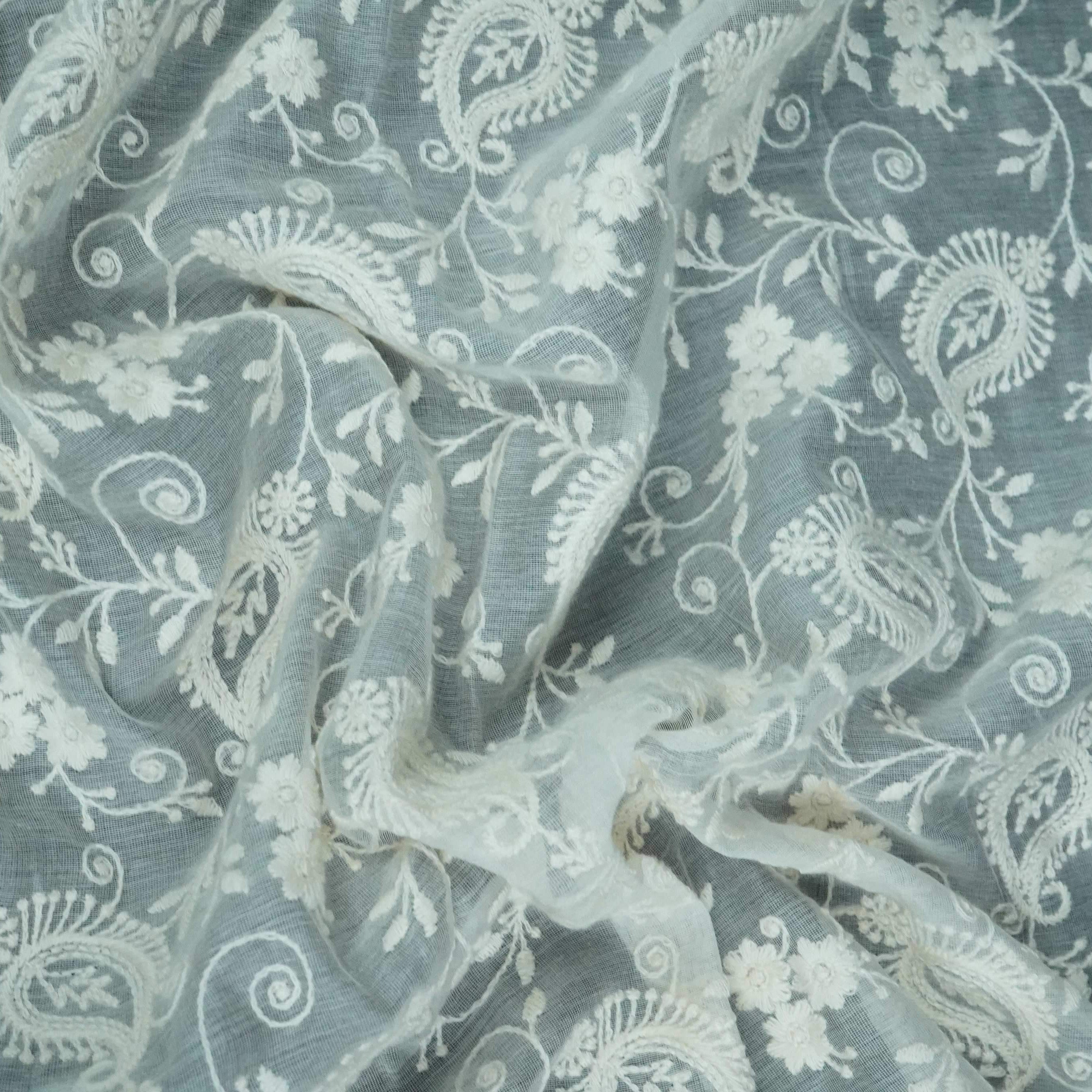 Off White thread embroidery Pure Cotton Chanderi Fabric VI-31001 - TradeUNO