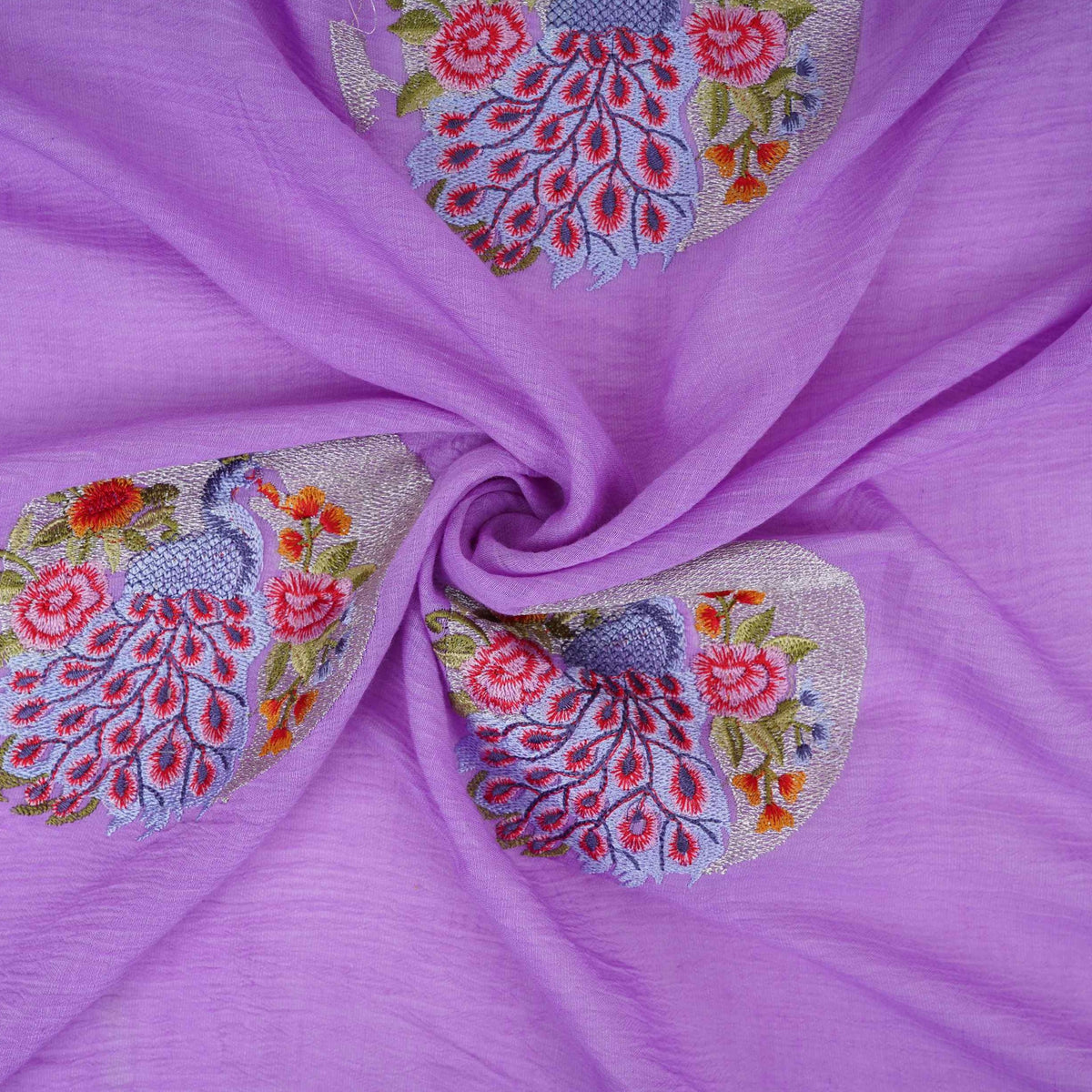 Lavender floral Buta Patch embroidery Chinon Cotton Slub Fabric VFS-31659 - TradeUNO