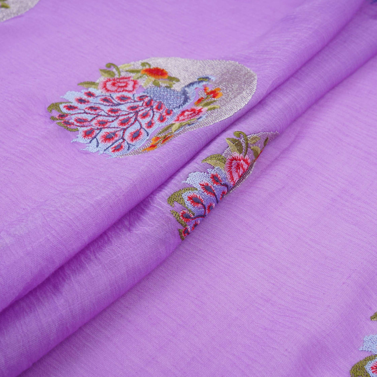 Lavender floral Buta Patch embroidery Chinon Cotton Slub Fabric VFS-31659 - TradeUNO