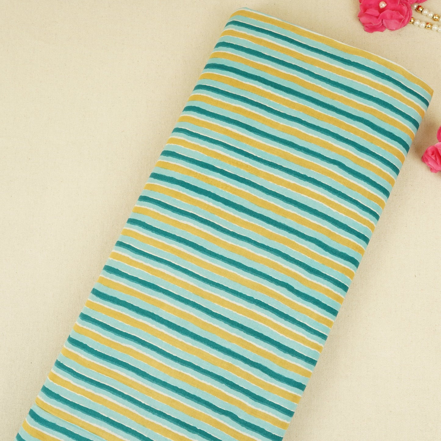 Light Blue & Golden Brown Stripes Print Cotton Fabric PB-29745