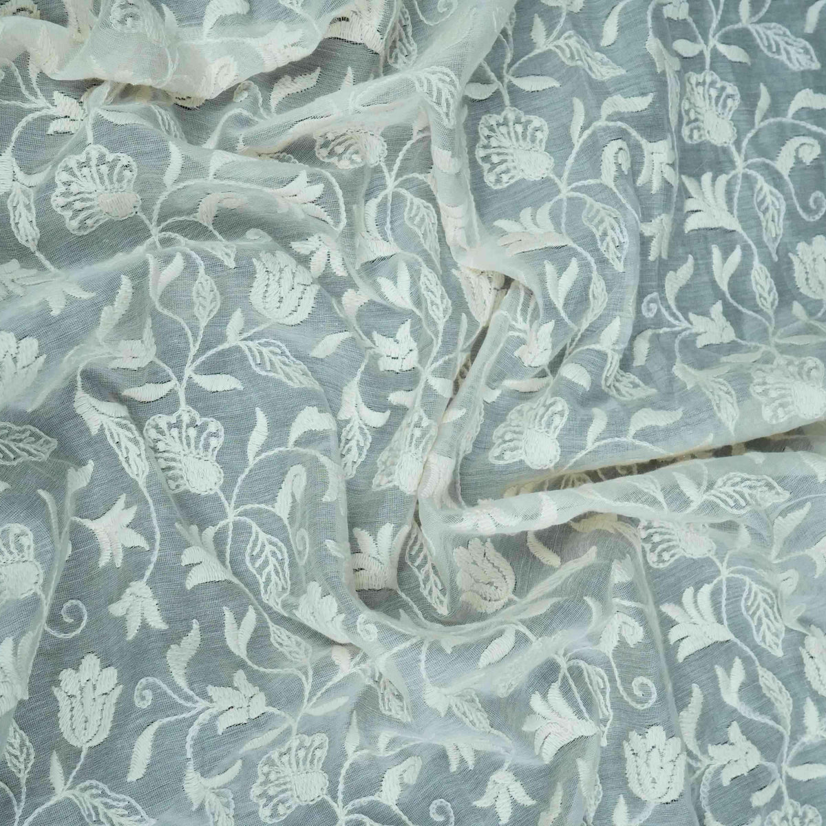 Off White thread embroidery Pure Cotton Chanderi Fabric VI-30999 - TradeUNO