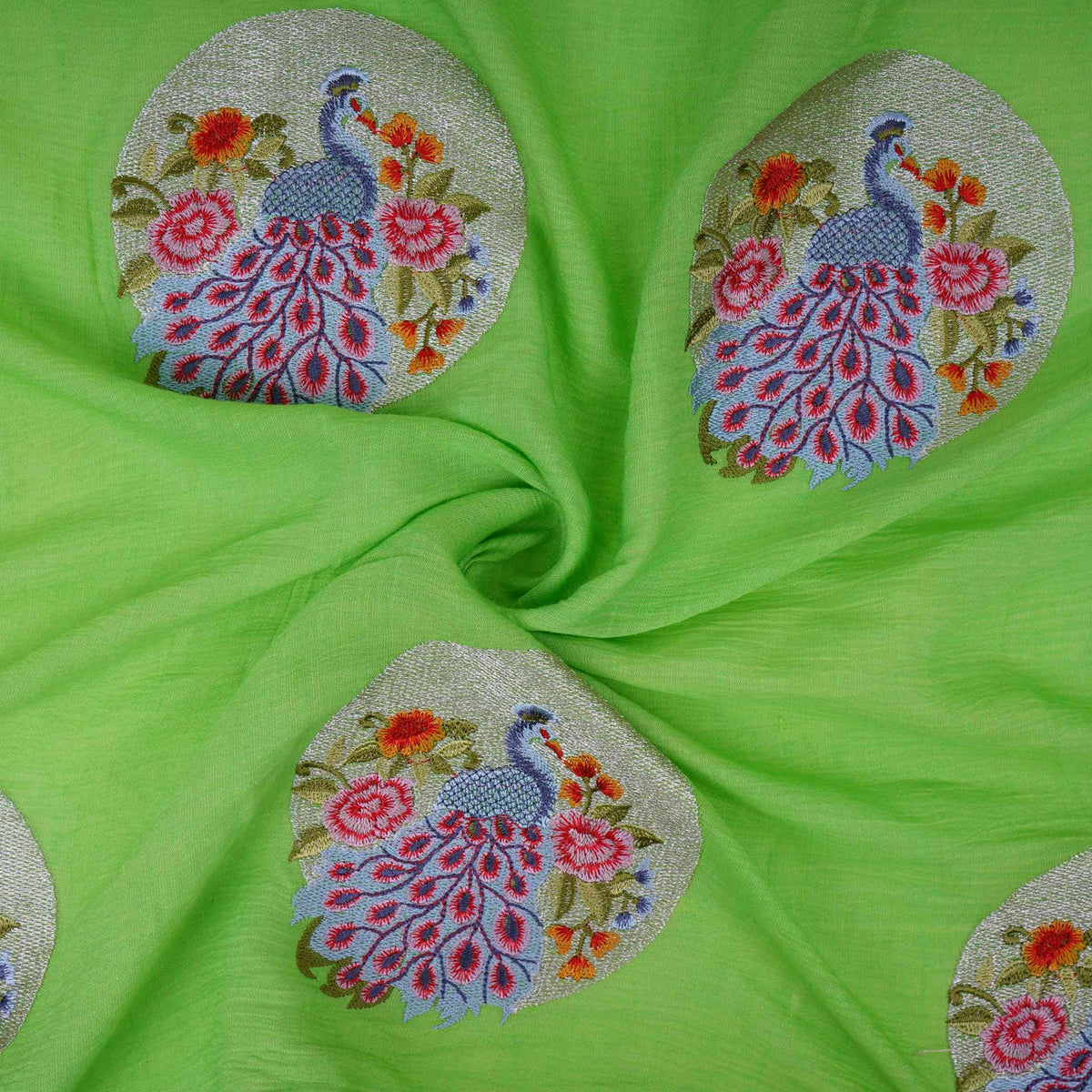 Parrot Green floral Buta Patch embroidery Chinon Cotton Slub Fabric VFS-31656 - TradeUNO