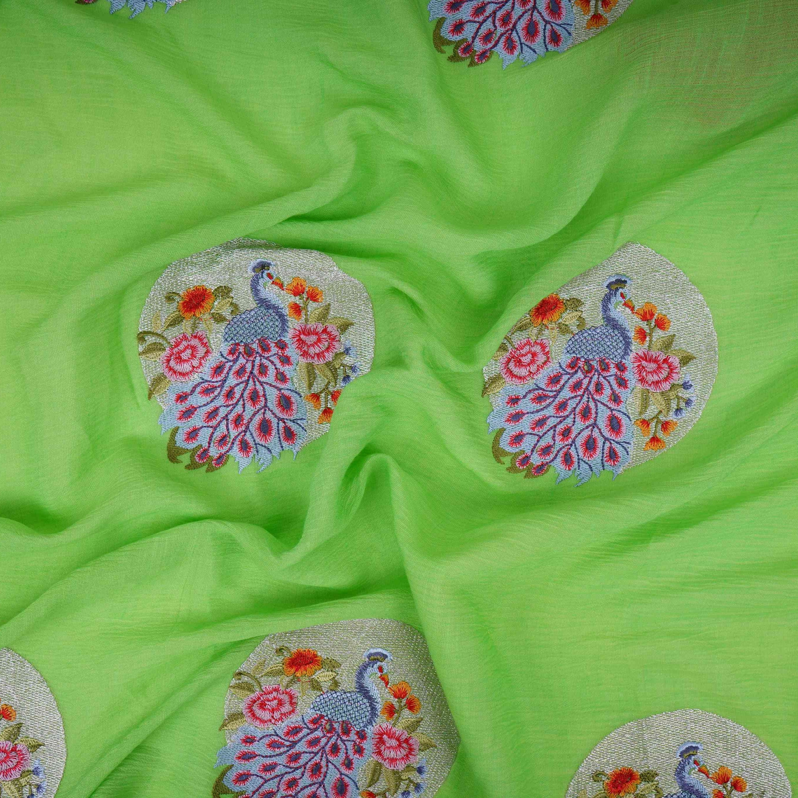 Parrot Green floral Buta Patch embroidery Chinon Cotton Slub Fabric VFS-31656 - TradeUNO