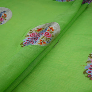 Parrot Green floral Buta Patch embroidery Chinon Cotton Slub Fabric VFS-31656 - TradeUNO