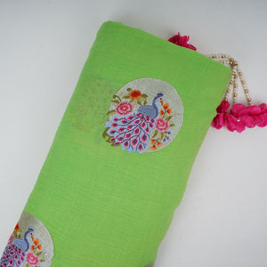 Parrot Green floral Buta Patch embroidery Chinon Cotton Slub Fabric VFS-31656 - TradeUNO