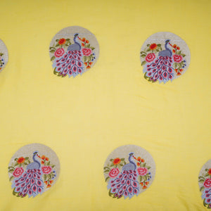 Lemon Yellow floral Buta Patch embroidery Chinon Cotton Slub Fabric VFS-31657 - TradeUNO
