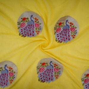 Lemon Yellow floral Buta Patch embroidery Chinon Cotton Slub Fabric VFS-31657 - TradeUNO