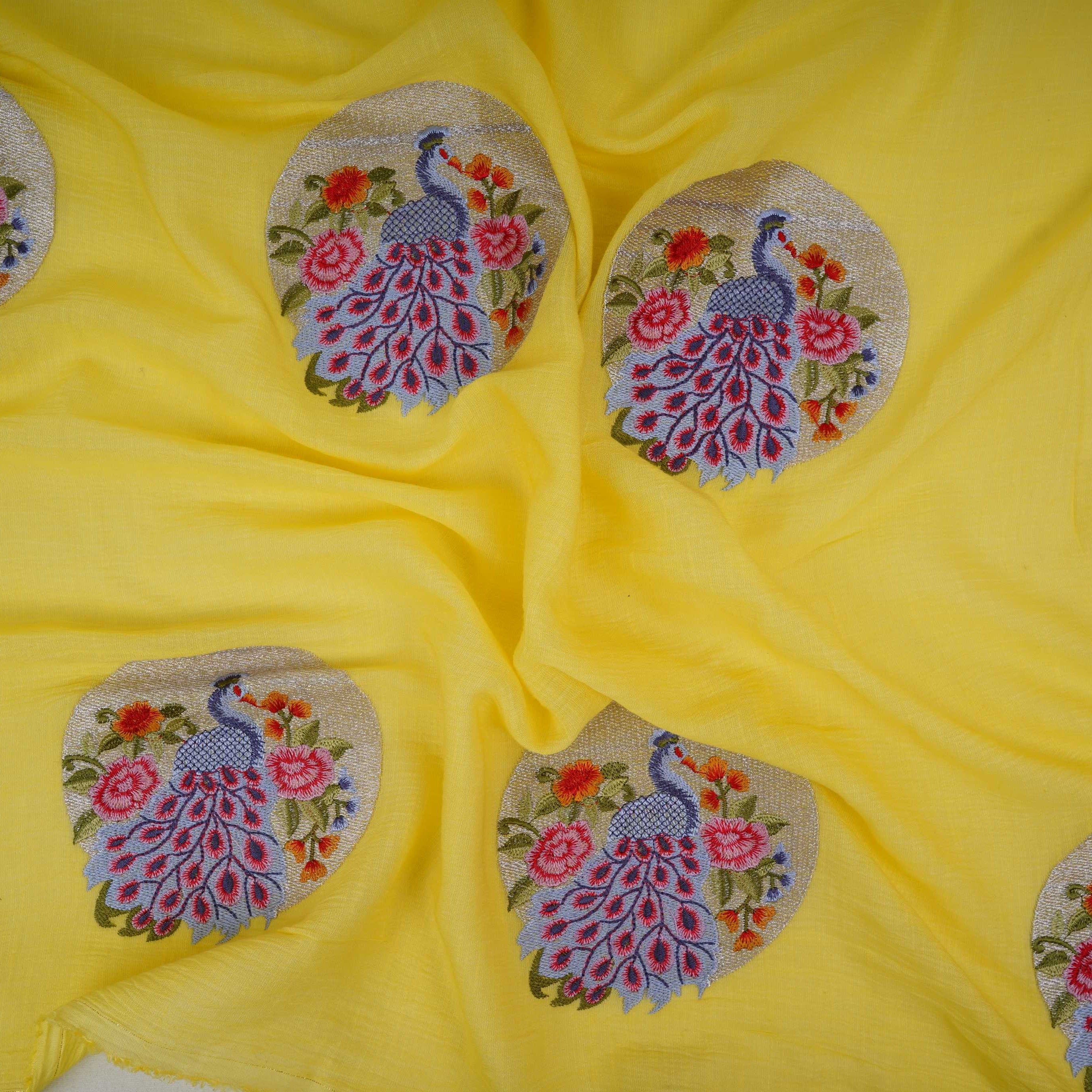 Lemon Yellow floral Buta Patch embroidery Chinon Cotton Slub Fabric VFS-31657 - TradeUNO