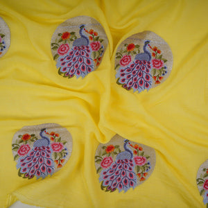Lemon Yellow floral Buta Patch embroidery Chinon Cotton Slub Fabric VFS-31657 - TradeUNO