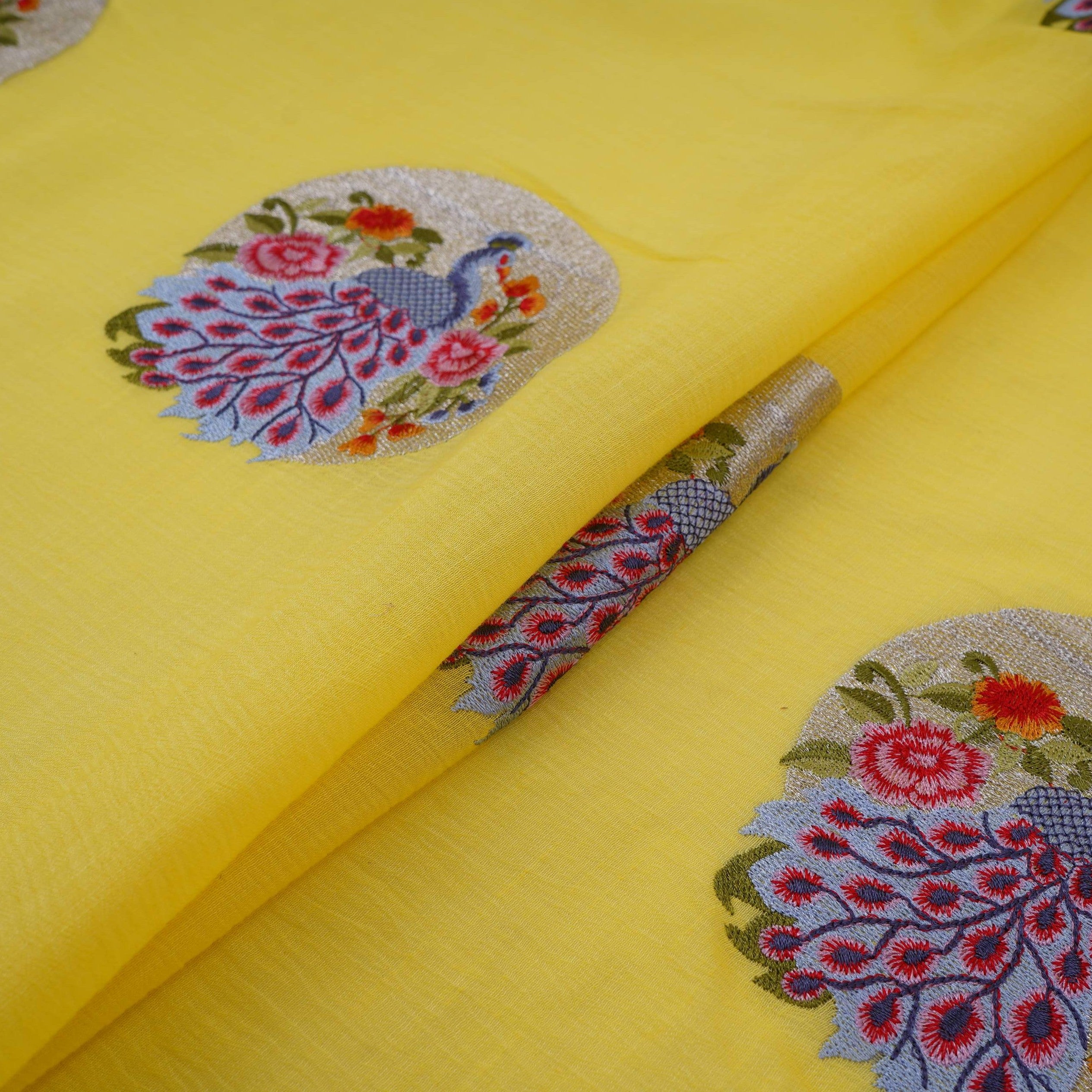 Lemon Yellow floral Buta Patch embroidery Chinon Cotton Slub Fabric VFS-31657 - TradeUNO