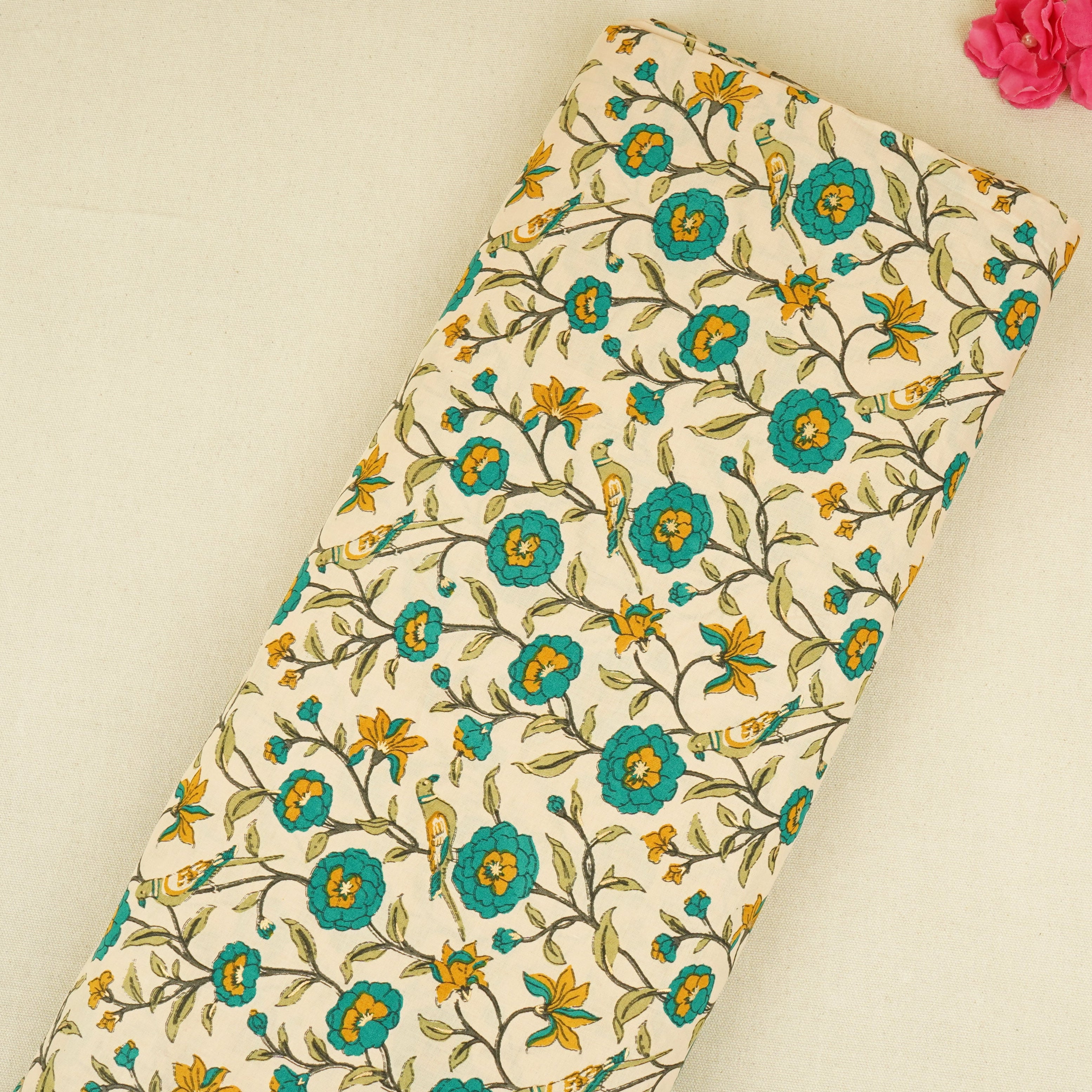 Cream With Dark Grey Parrot Foil Print Cotton Fabric PB-29704 - TradeUNO