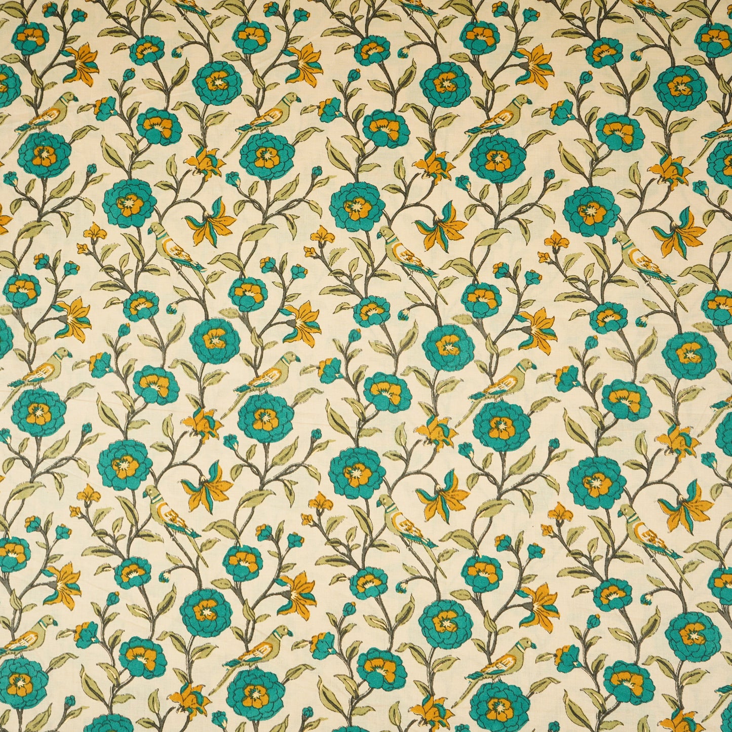Cream With Dark Grey Parrot Foil Print Cotton Fabric PB-29704