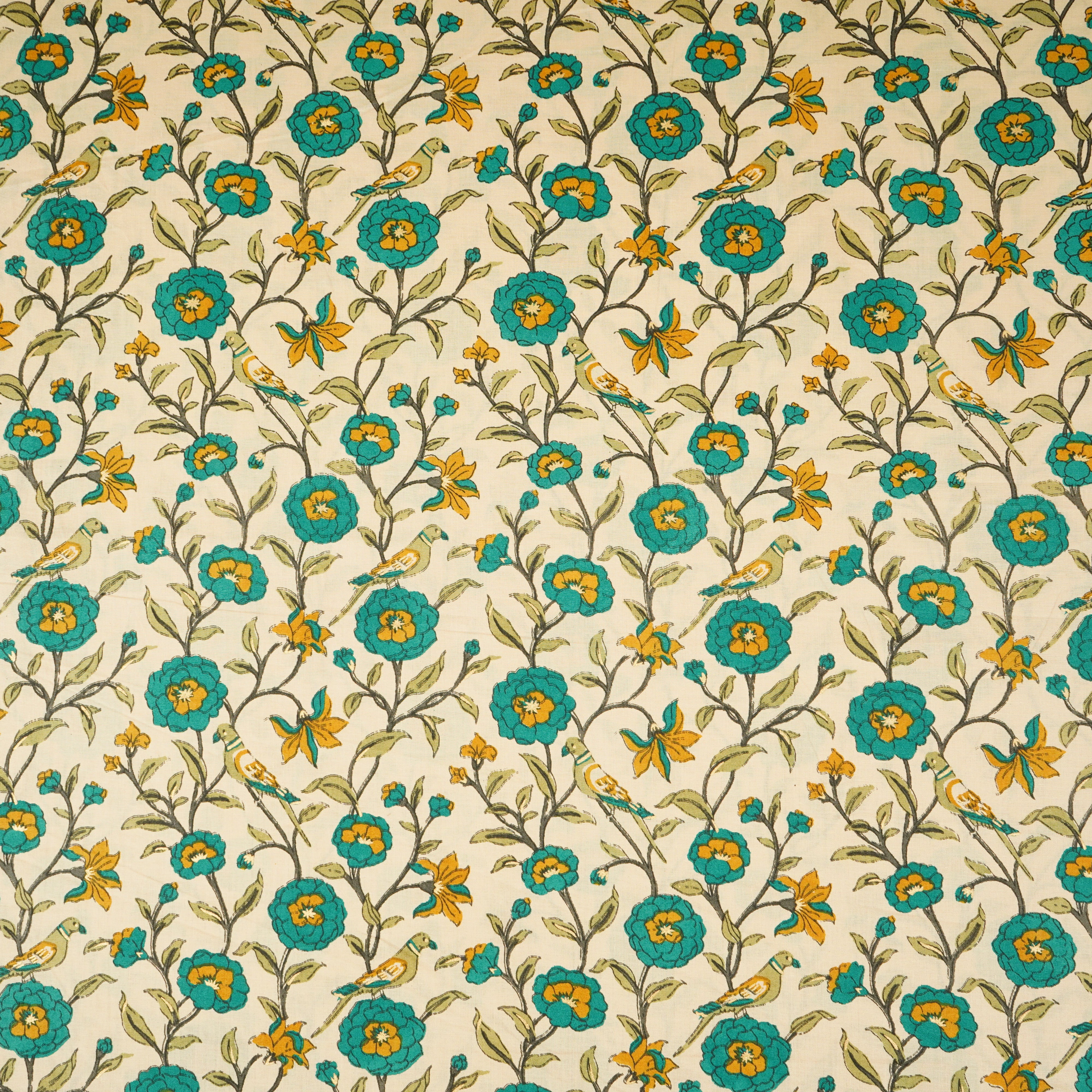 Cream With Dark Grey Parrot Foil Print Cotton Fabric PB-29704 - TradeUNO