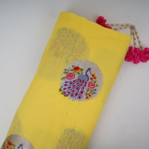 Lemon Yellow floral Buta Patch embroidery Chinon Cotton Slub Fabric VFS-31657 - TradeUNO