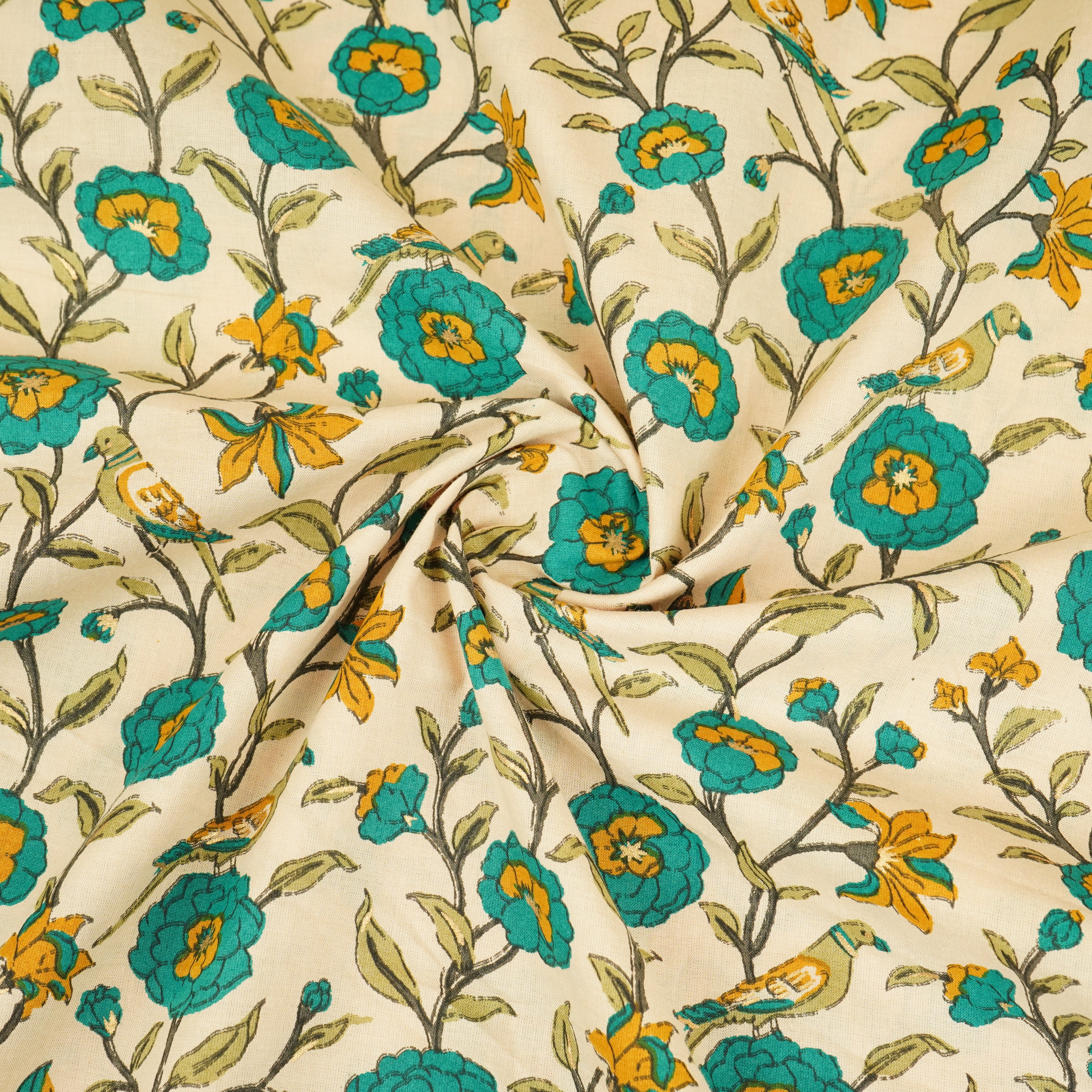 Cream With Dark Grey Parrot Foil Print Cotton Fabric PB-29704 - TradeUNO