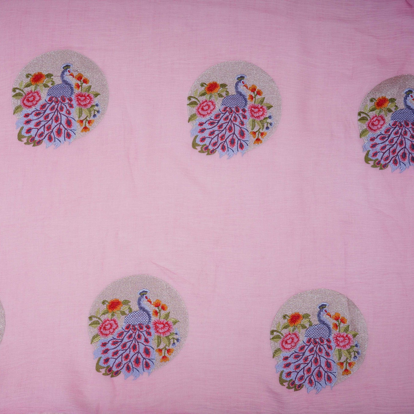 Baby Pink floral Buta Patch embroidery Chinon Cotton Slub Fabric VFS-31658