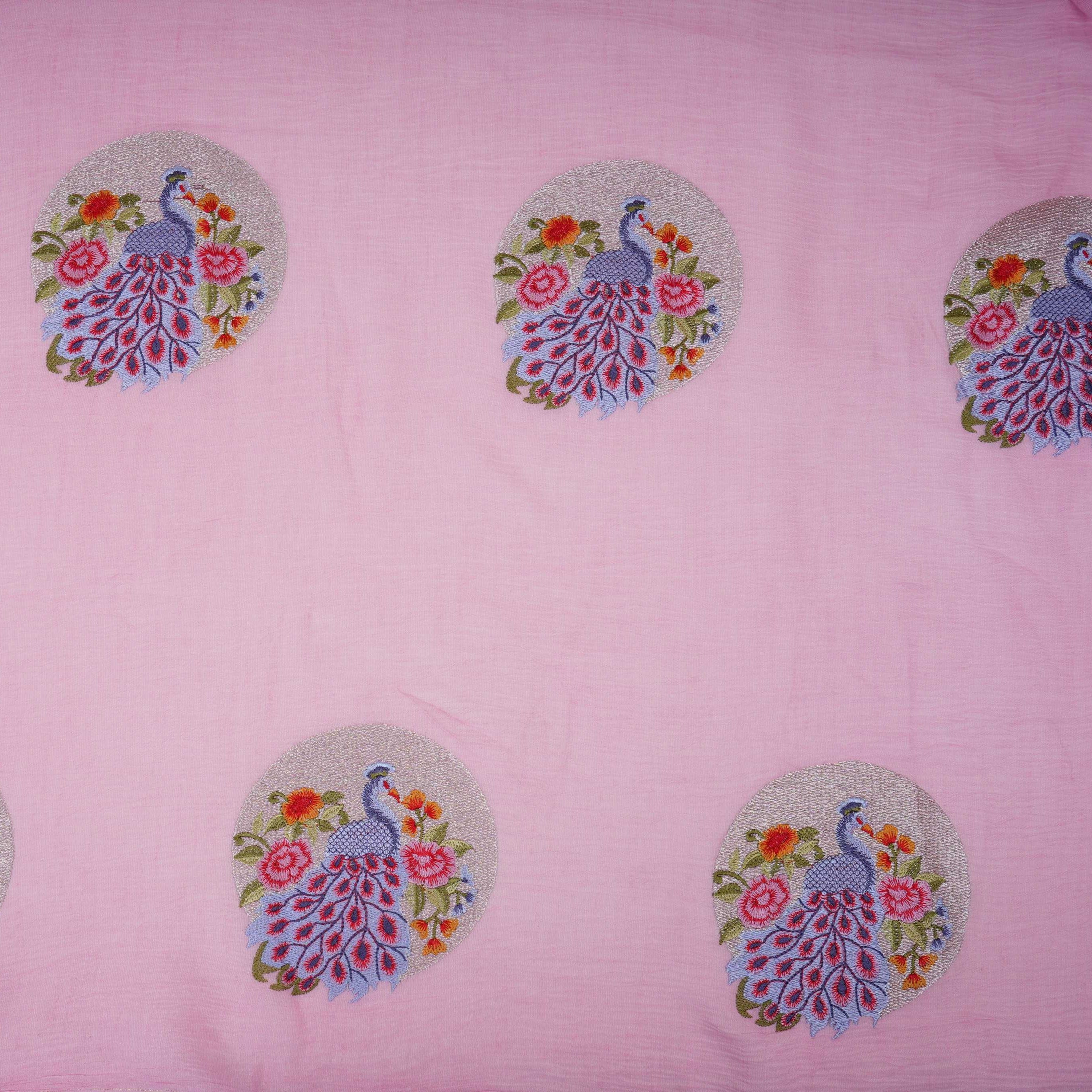 Baby Pink floral Buta Patch embroidery Chinon Cotton Slub Fabric VFS-31658 - TradeUNO