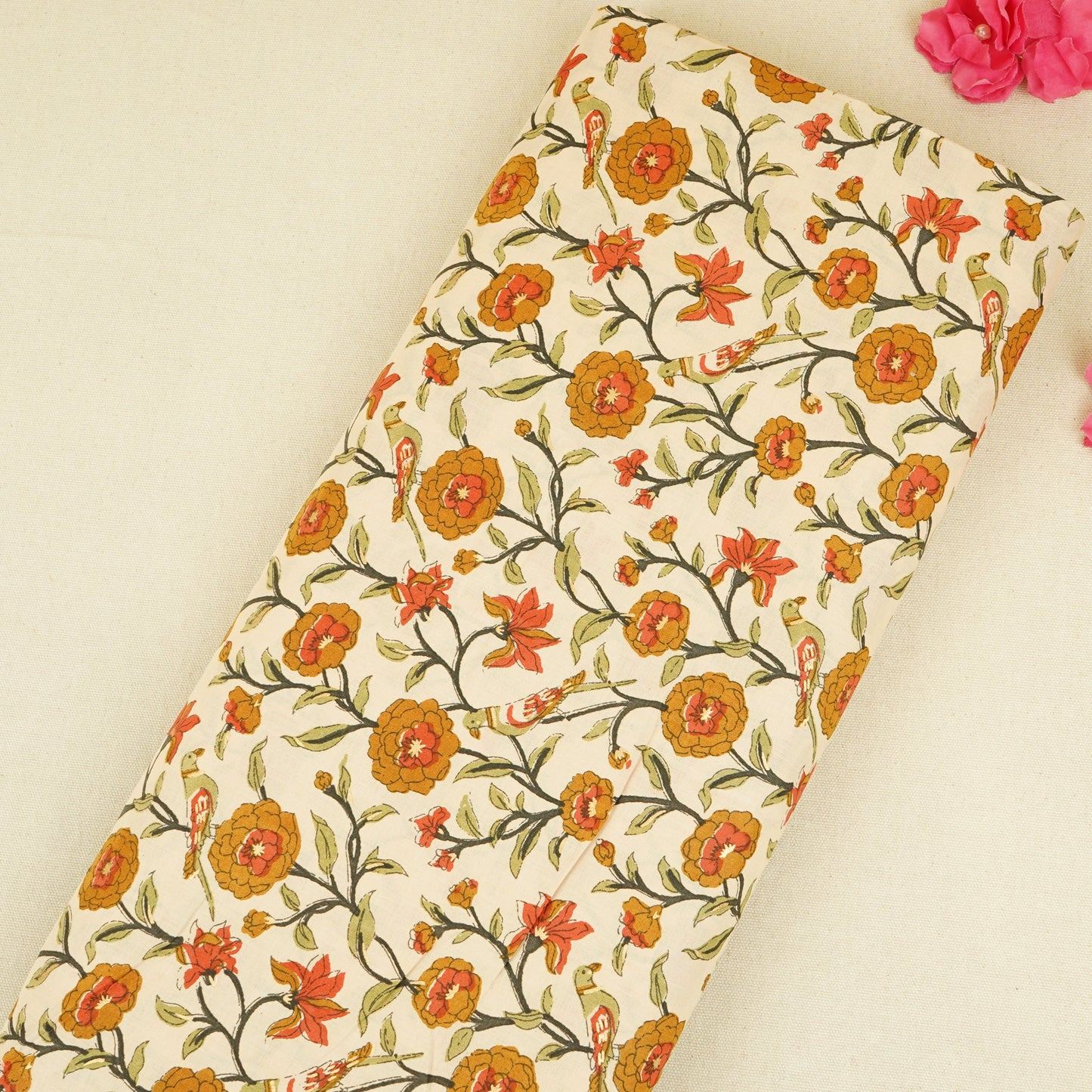 Cream With Orange Parrot Foil Print Cotton Fabric PB-29703