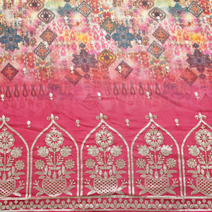 Magenta Pink Multicolor Sequins Border Embroidery Organza Fabric