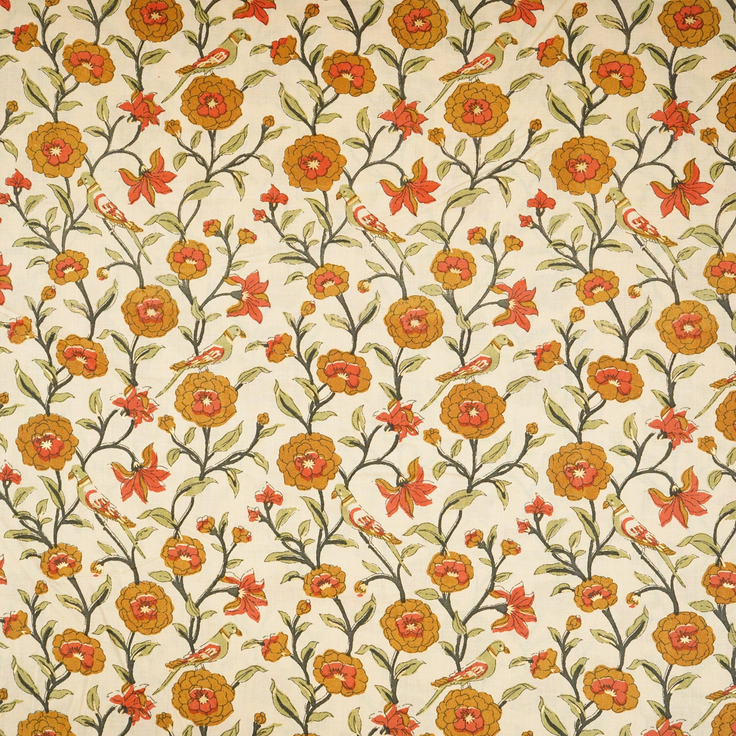 Cream With Orange Parrot Foil Print Cotton Fabric PB-29703