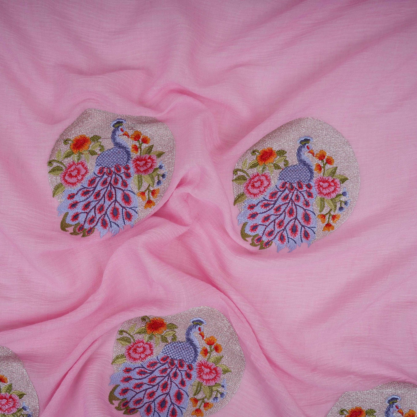 Baby Pink floral Buta Patch embroidery Chinon Cotton Slub Fabric VFS-31658