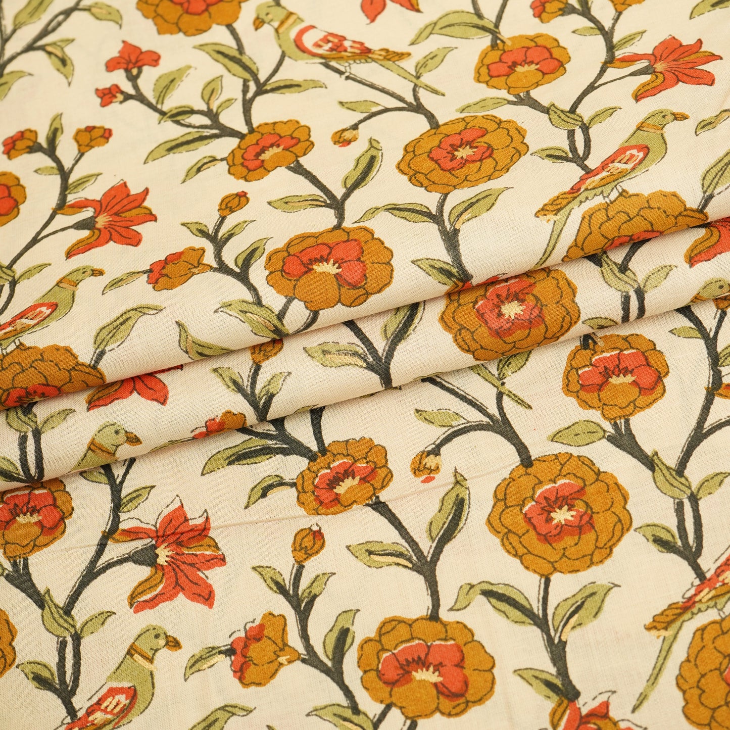 Cream With Orange Parrot Foil Print Cotton Fabric PB-29703