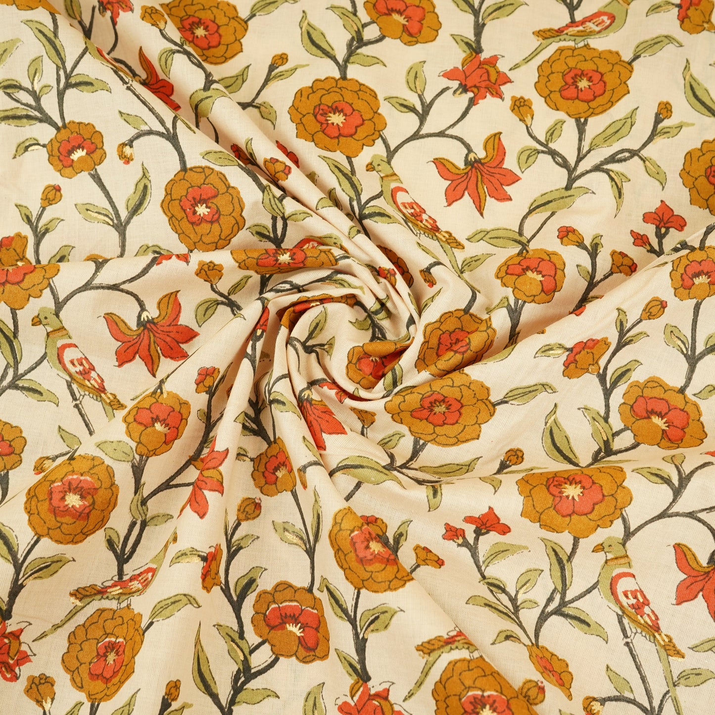 Cream With Orange Parrot Foil Print Cotton Fabric PB-29703