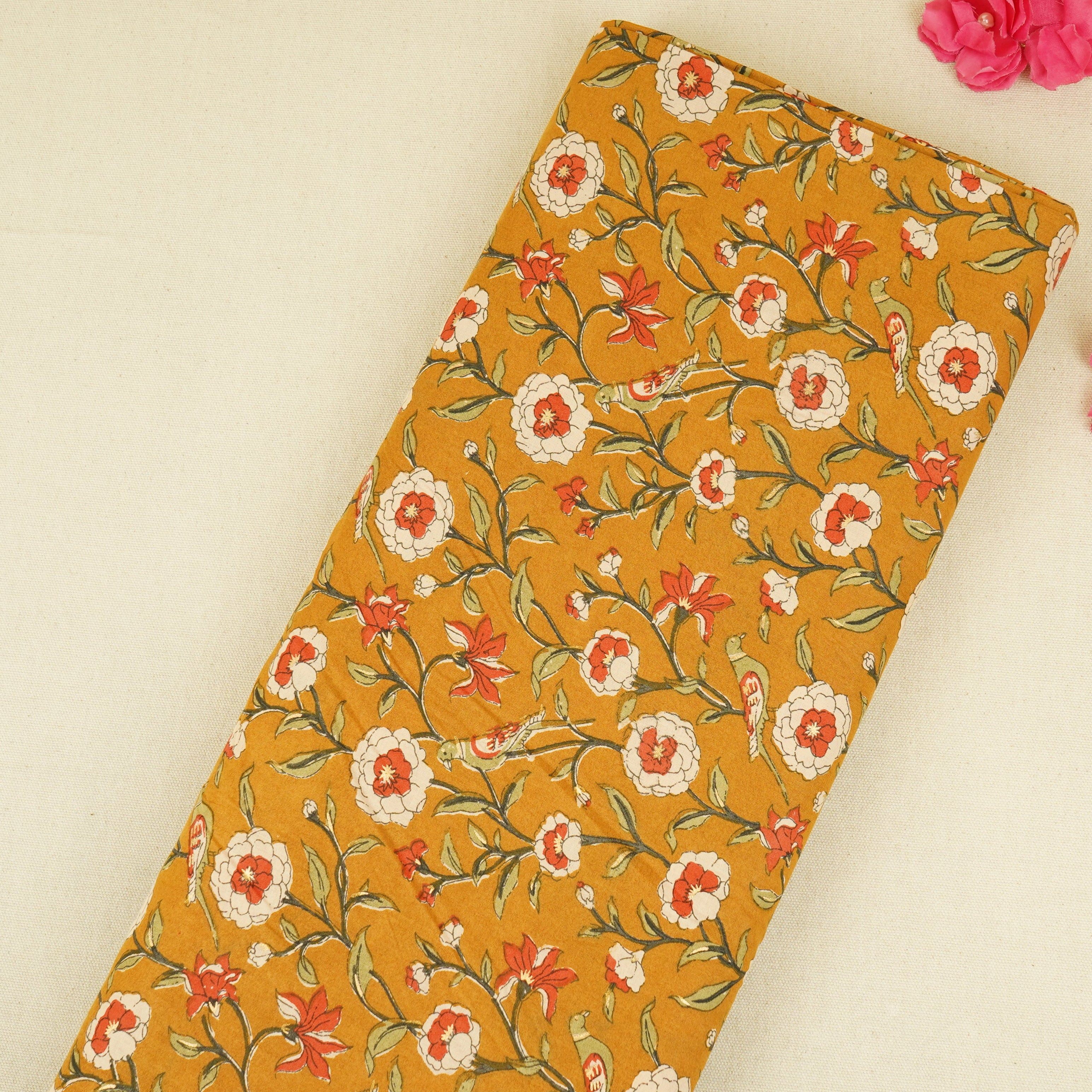 Mustard Parrot Foil Print Cotton Fabric PB-29705 - TradeUNO