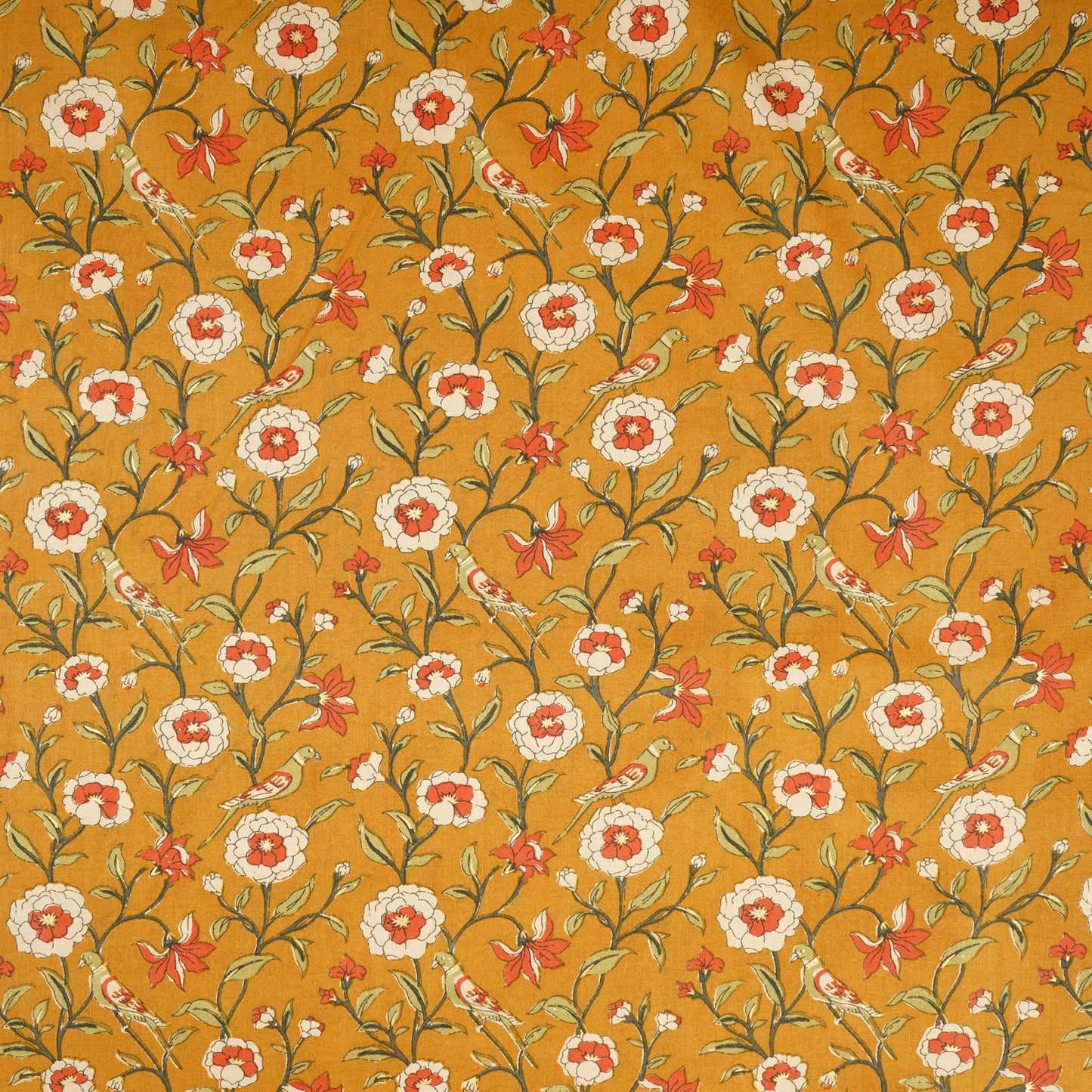 Mustard Parrot Foil Print Cotton Fabric PB-29705
